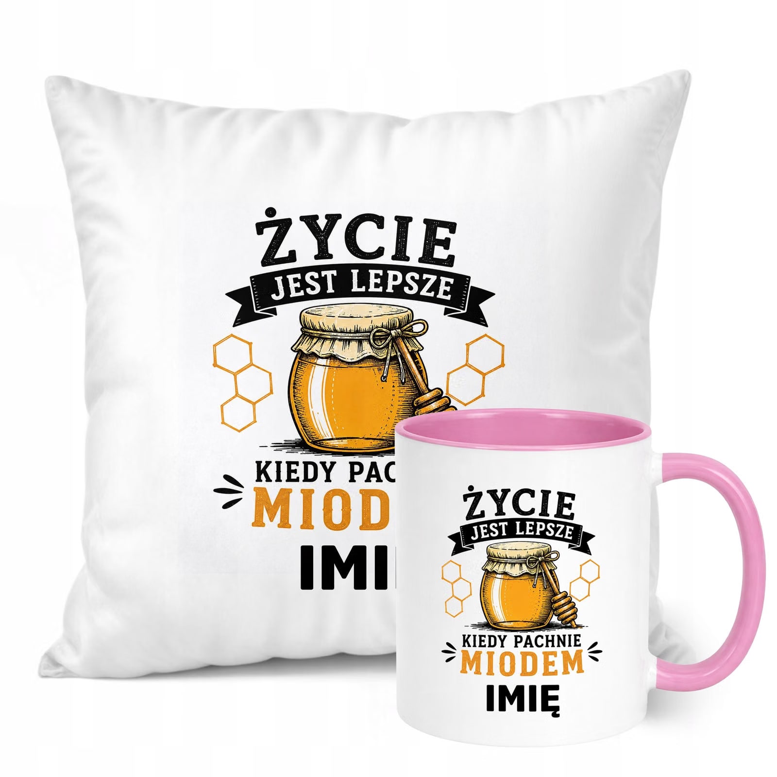 Zestaw Personalizowany Kubek Różowy Poduszka Z Nadrukiem Dla Pszczelarza