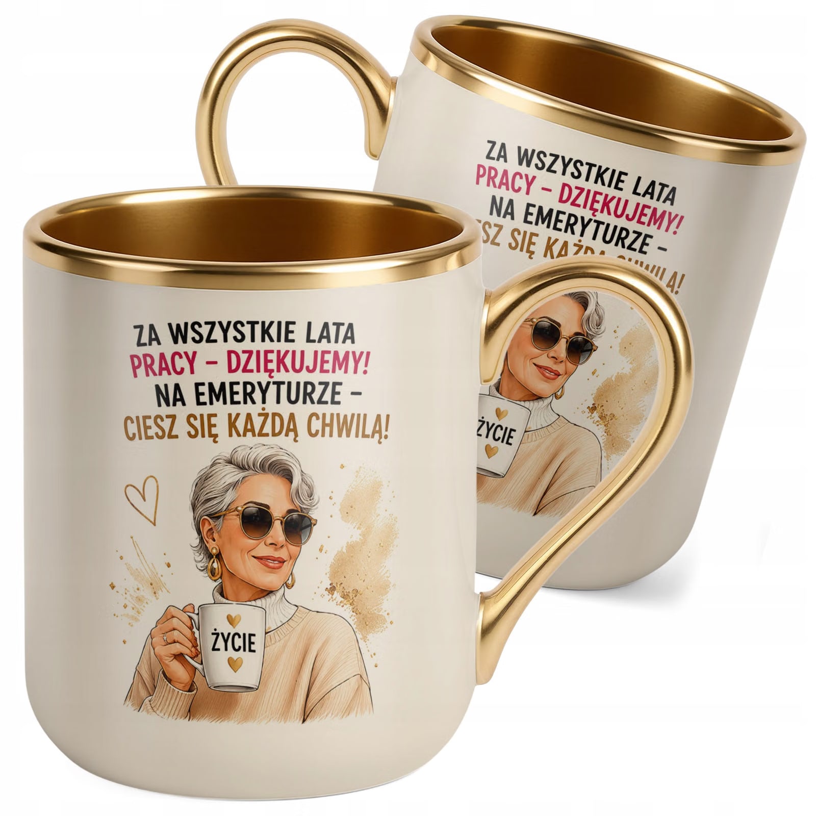Kubek z nadrukiem Premium Złoty Ecru Emerytura Dla Emerytki Prezent