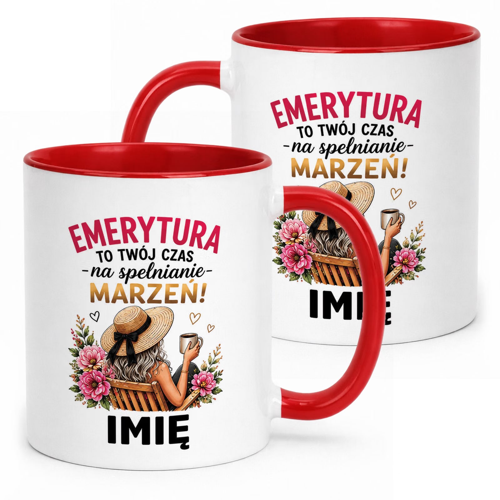 Kubek Czerwony Personalizowany z Nadrukiem Emerytura Dla Emerytki Prezent