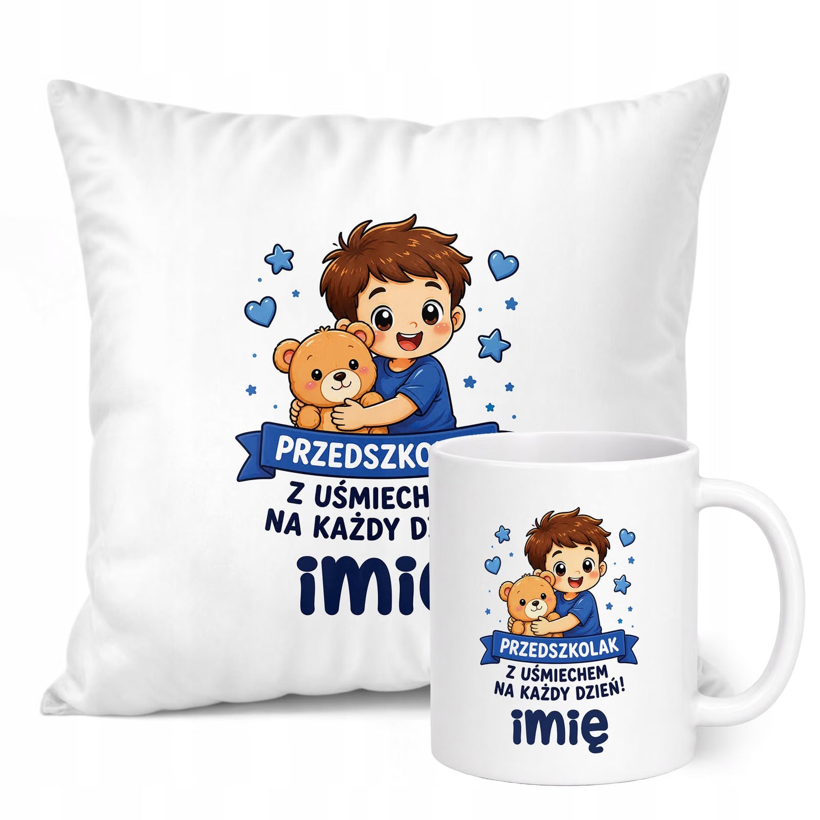Zestaw Personalizowany Kubek Biały Poduszka Przedszkolak Prezent