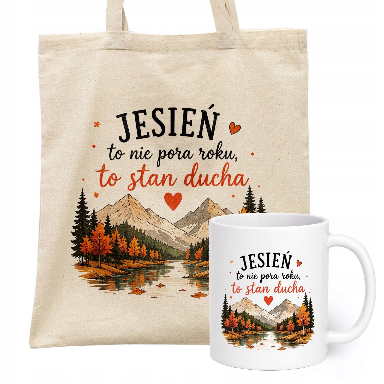 Zestaw Kubek Biały Torba Shopper Ecru Z Nadrukiem Jesień Jesienny Prezent