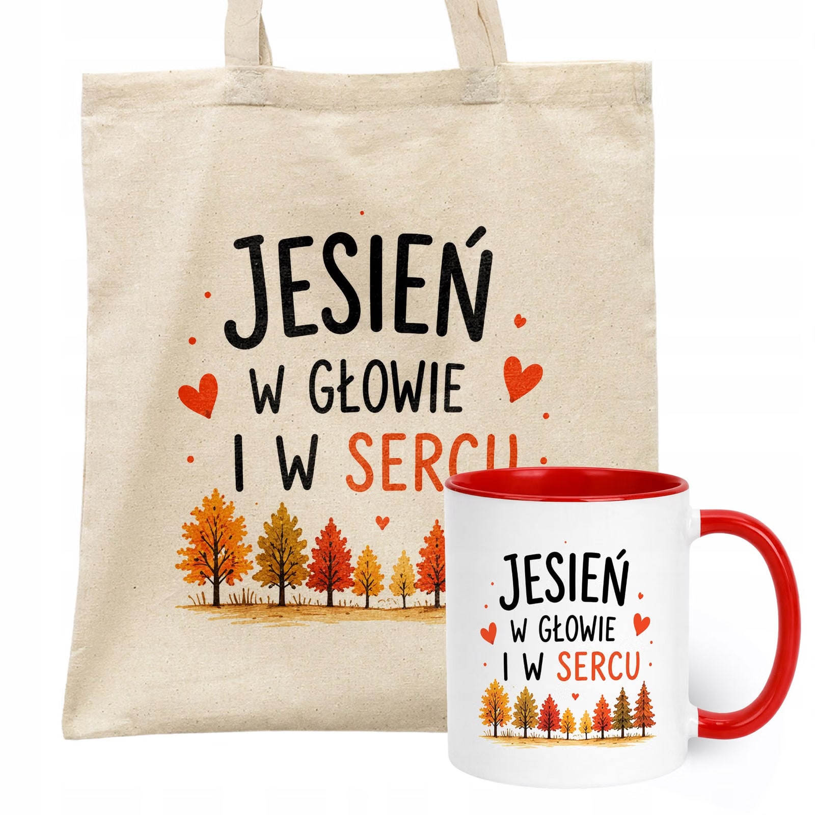 Zestaw Kubek Czerwony Torba Shopper Ecru Z Nadrukiem Jesień Jesienny