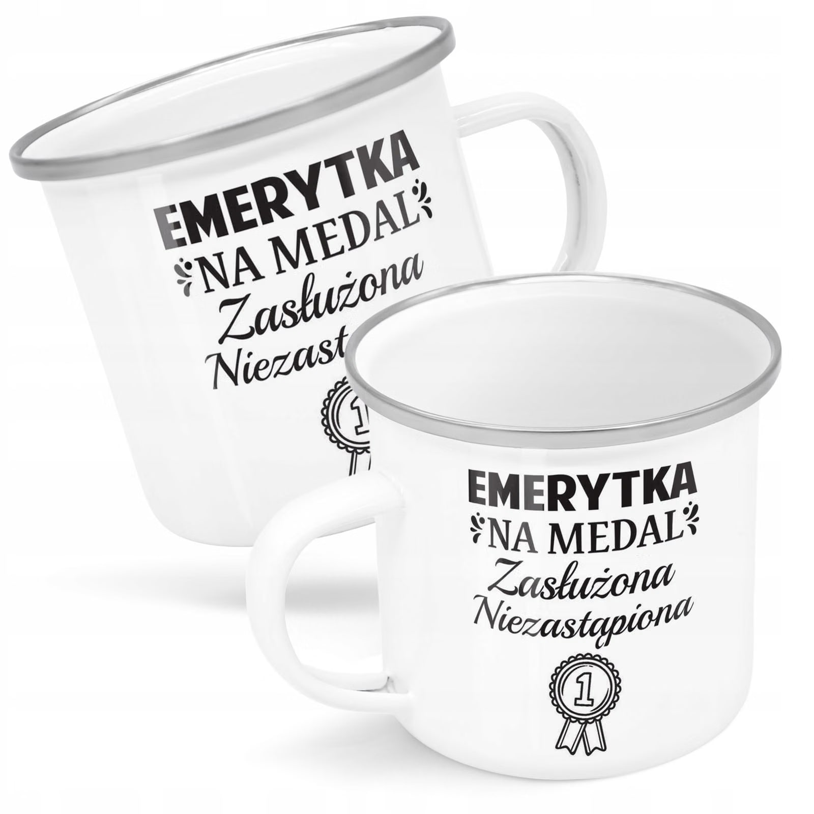 Kubek Emaliowany z okazji Emerytury Dla Emerytki z Nadrukiem Biały Metalowy
