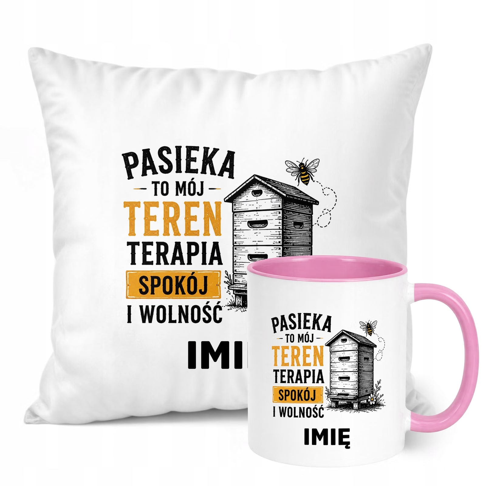 Zestaw Personalizowany Kubek Różowy Poduszka Z Nadrukiem Dla Pszczelarza