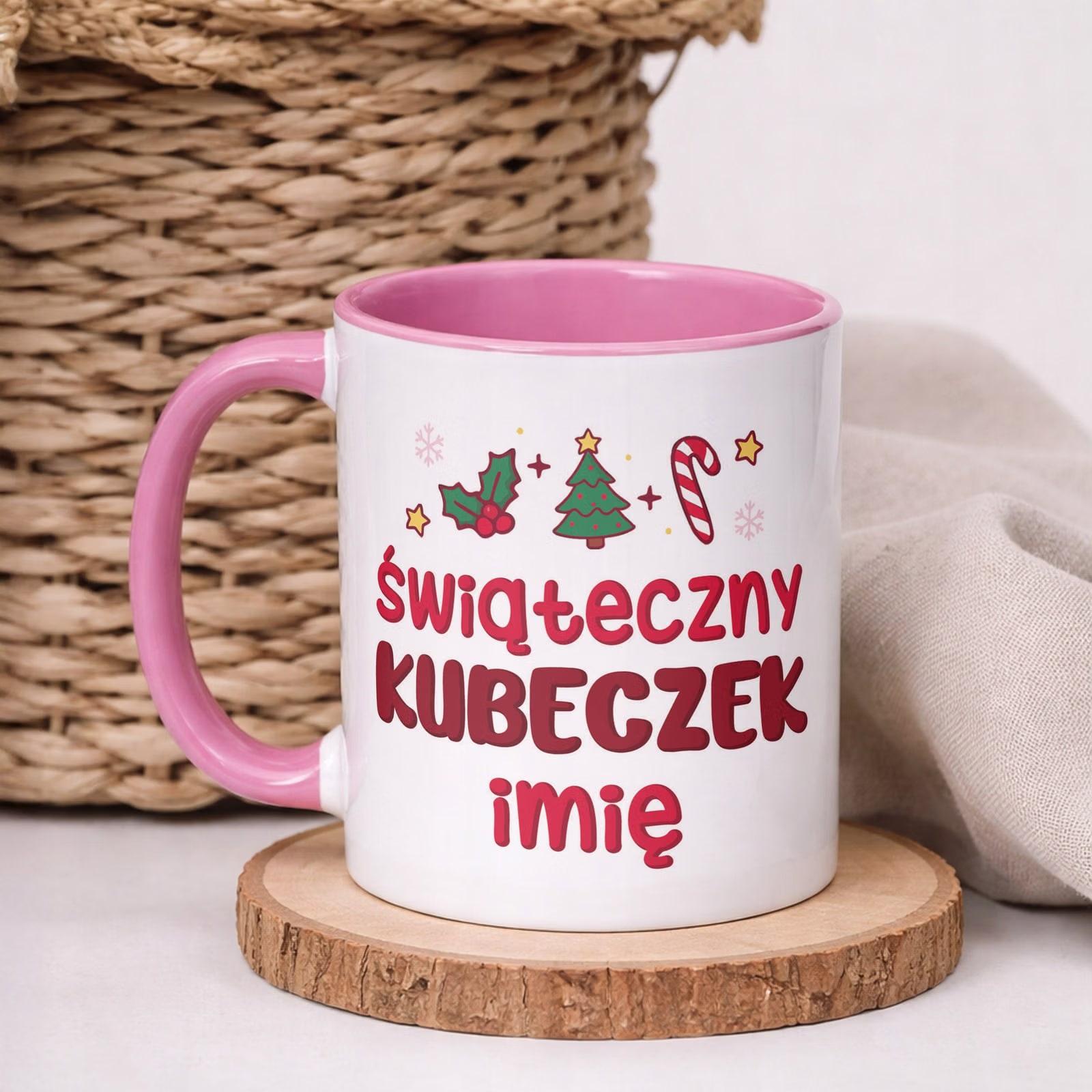 Kubek Różowy Personalizowany z Nadrukiem Boże Narodzenie Święta Prezent