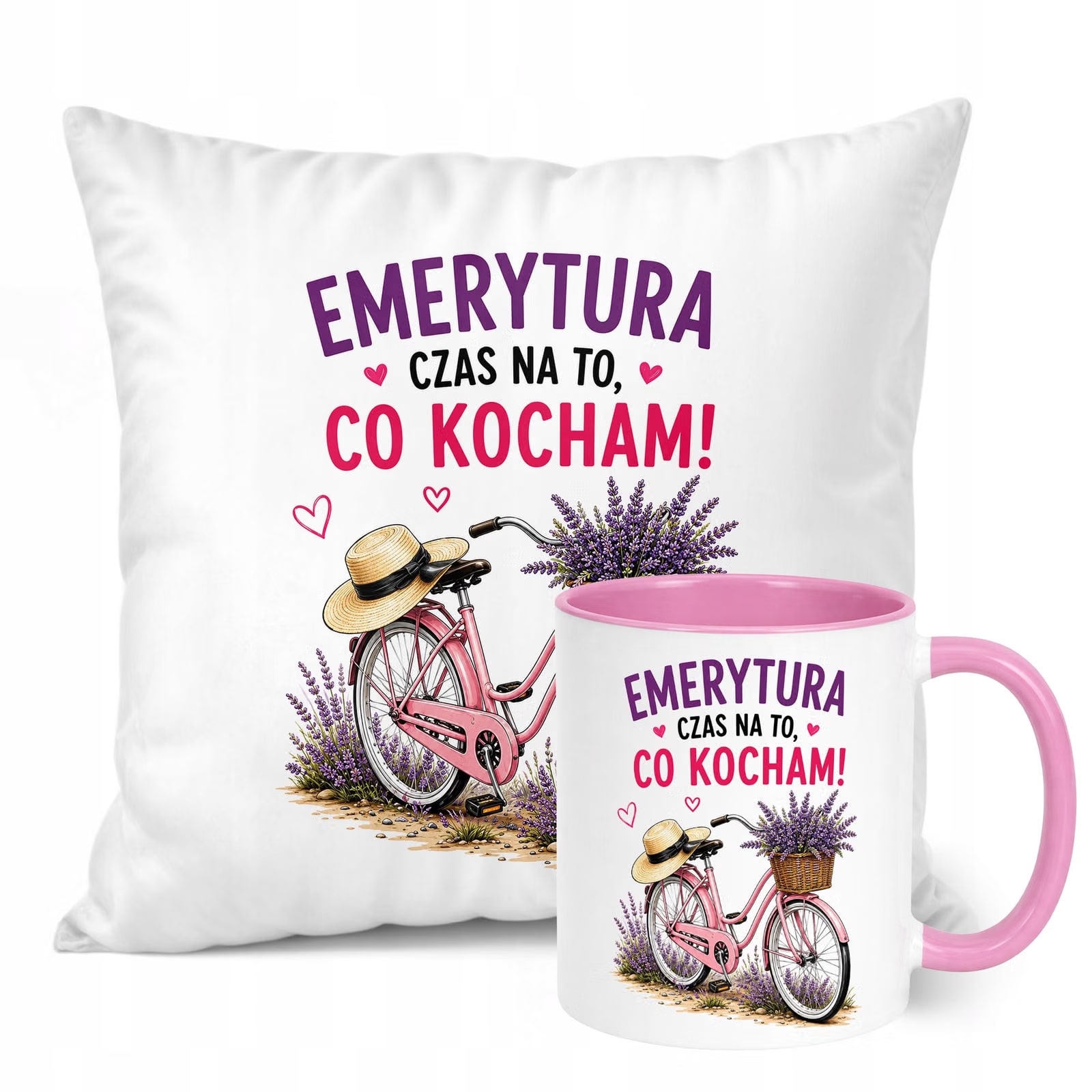 Zestaw Kubek Różowy Poduszka Z Nadrukiem Emerytura Dla Emerytki Prezent