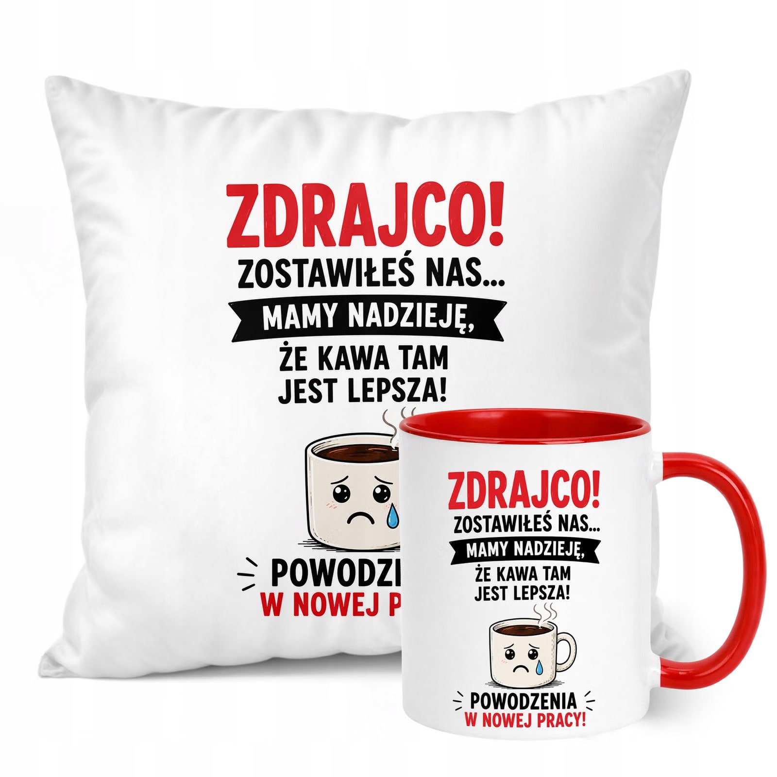 Zestaw Kubek Czerwony Poduszka Z Nadrukiem Odejście z Pracy Prezent