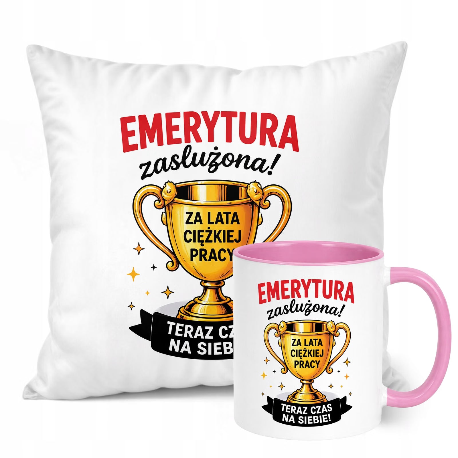 Zestaw Kubek Różowy Poduszka Z Nadrukiem Emerytura Prezent