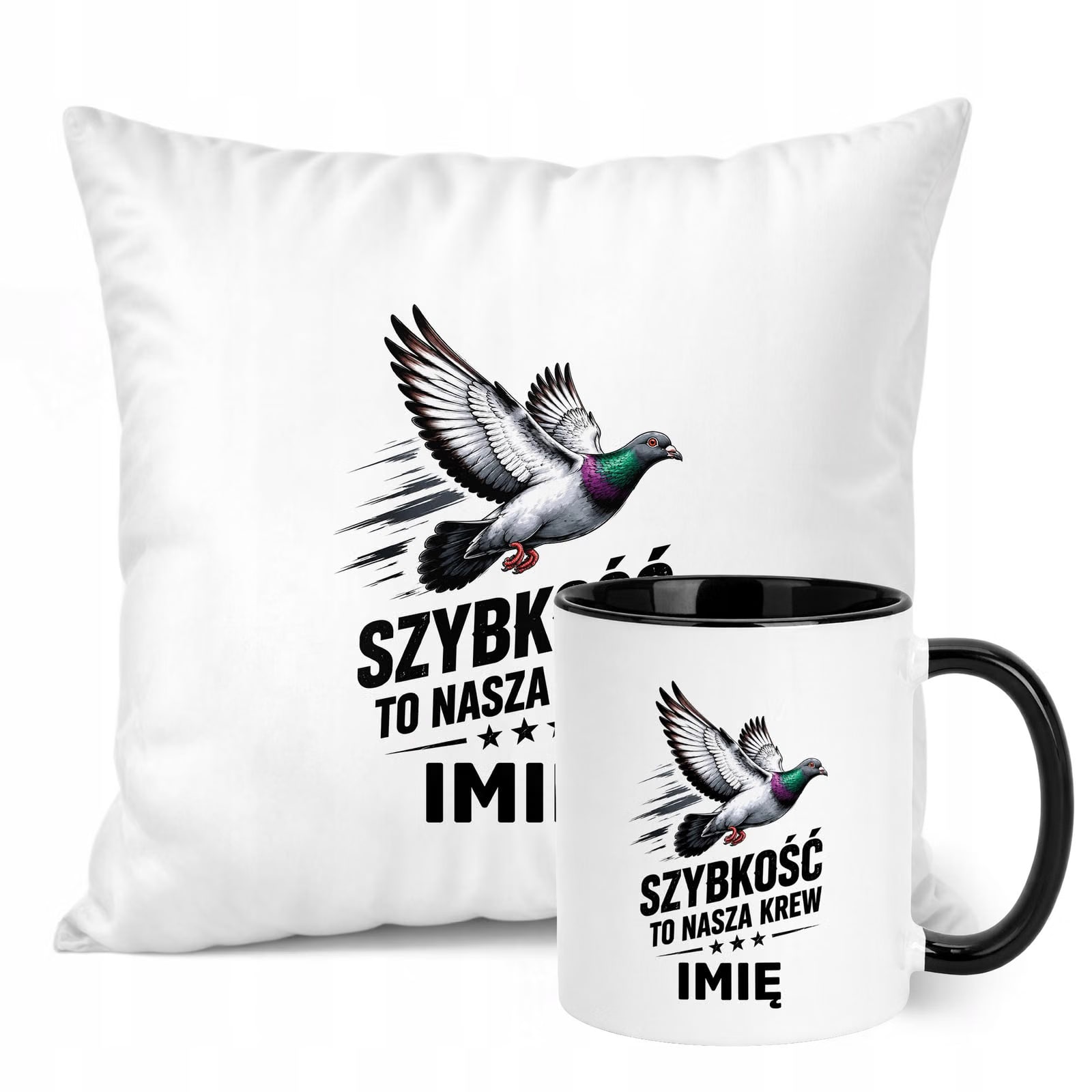 Zestaw Personalizowany Kubek Czarny Poduszka Z Nadrukiem Dla Gołębiarza