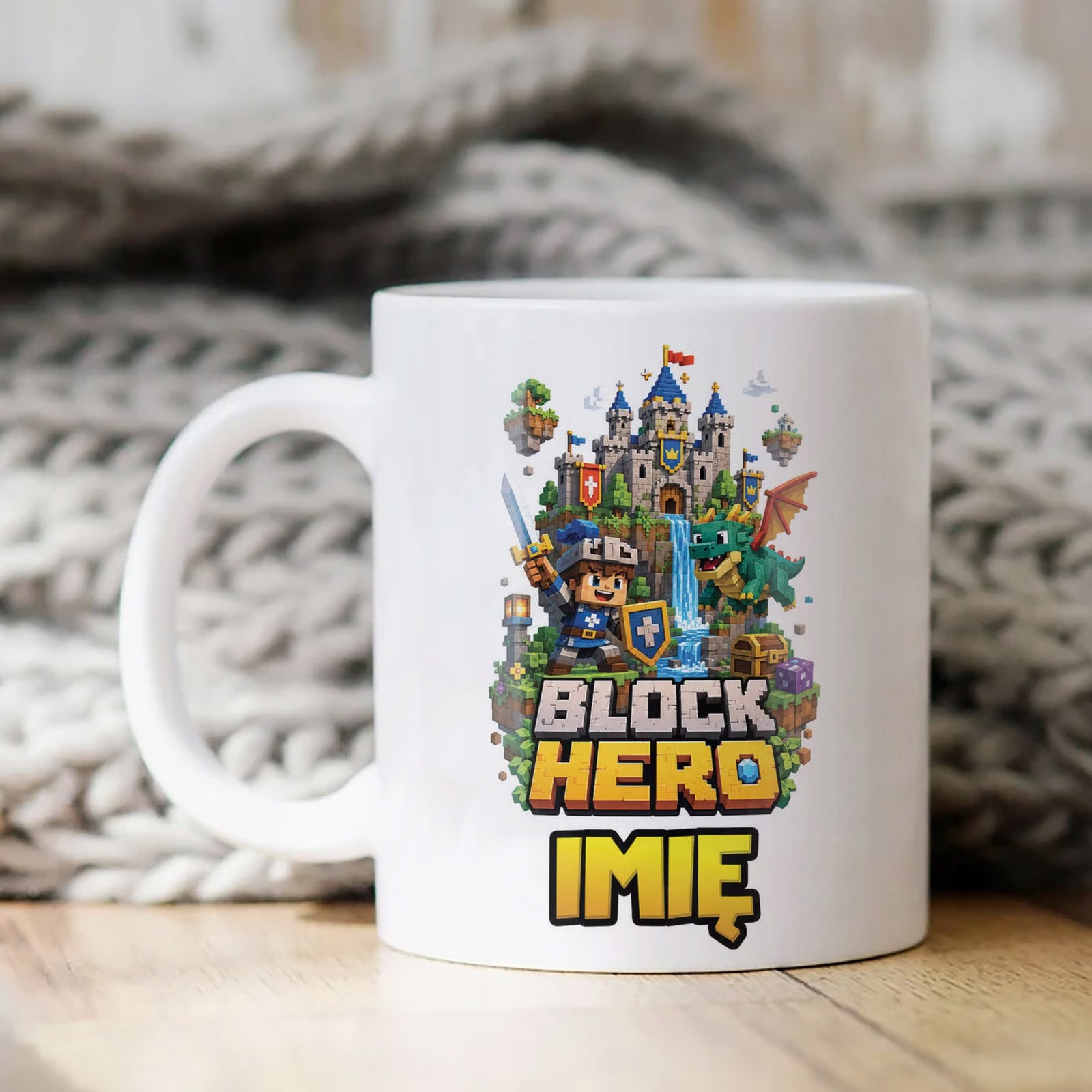 Biały Kubek z nadrukiem personalizowany BLOCK HERO Gra Dla Dzieci Prezent