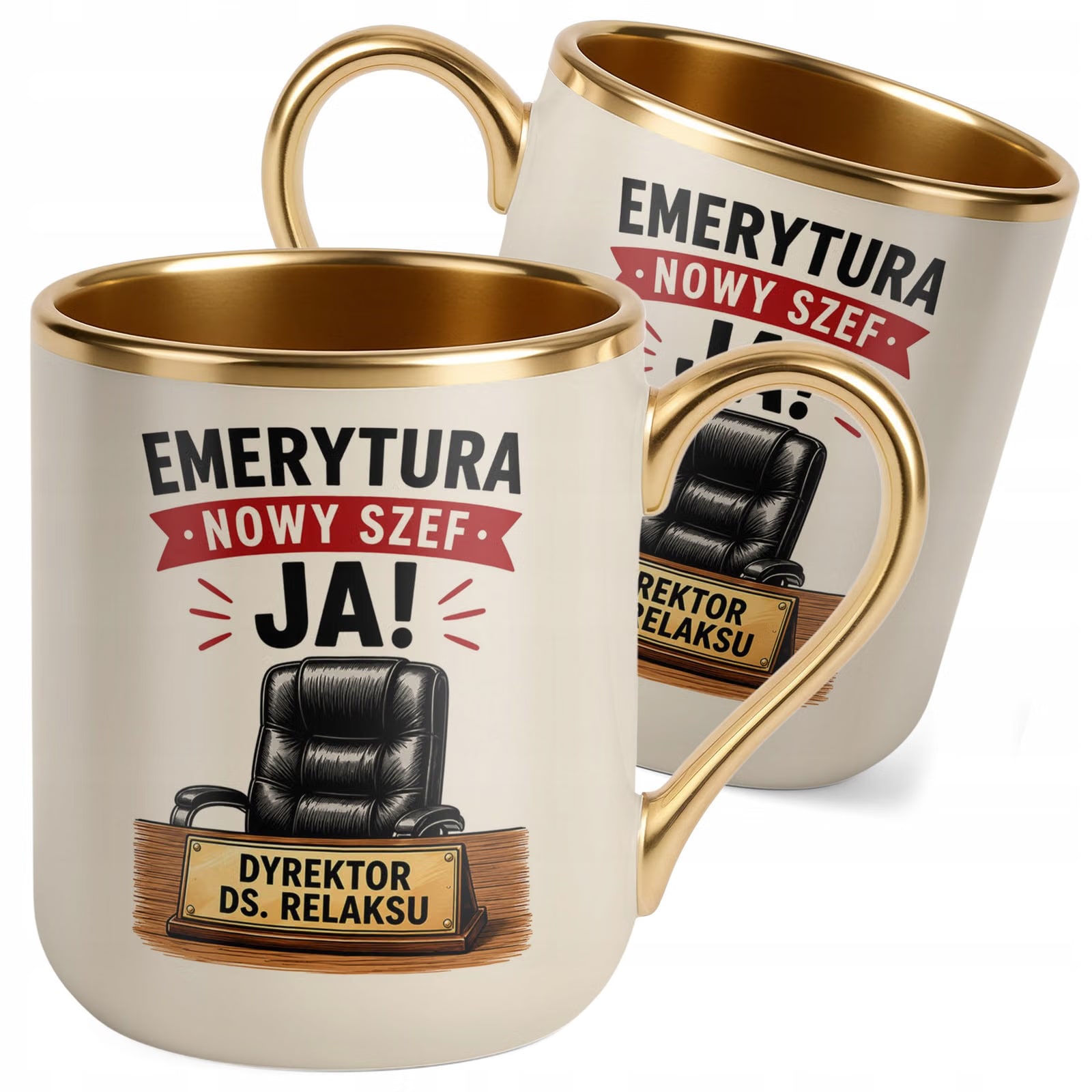 Kubek z nadrukiem Premium Złoty Ecru Emerytura Dla Emeryta Prezent