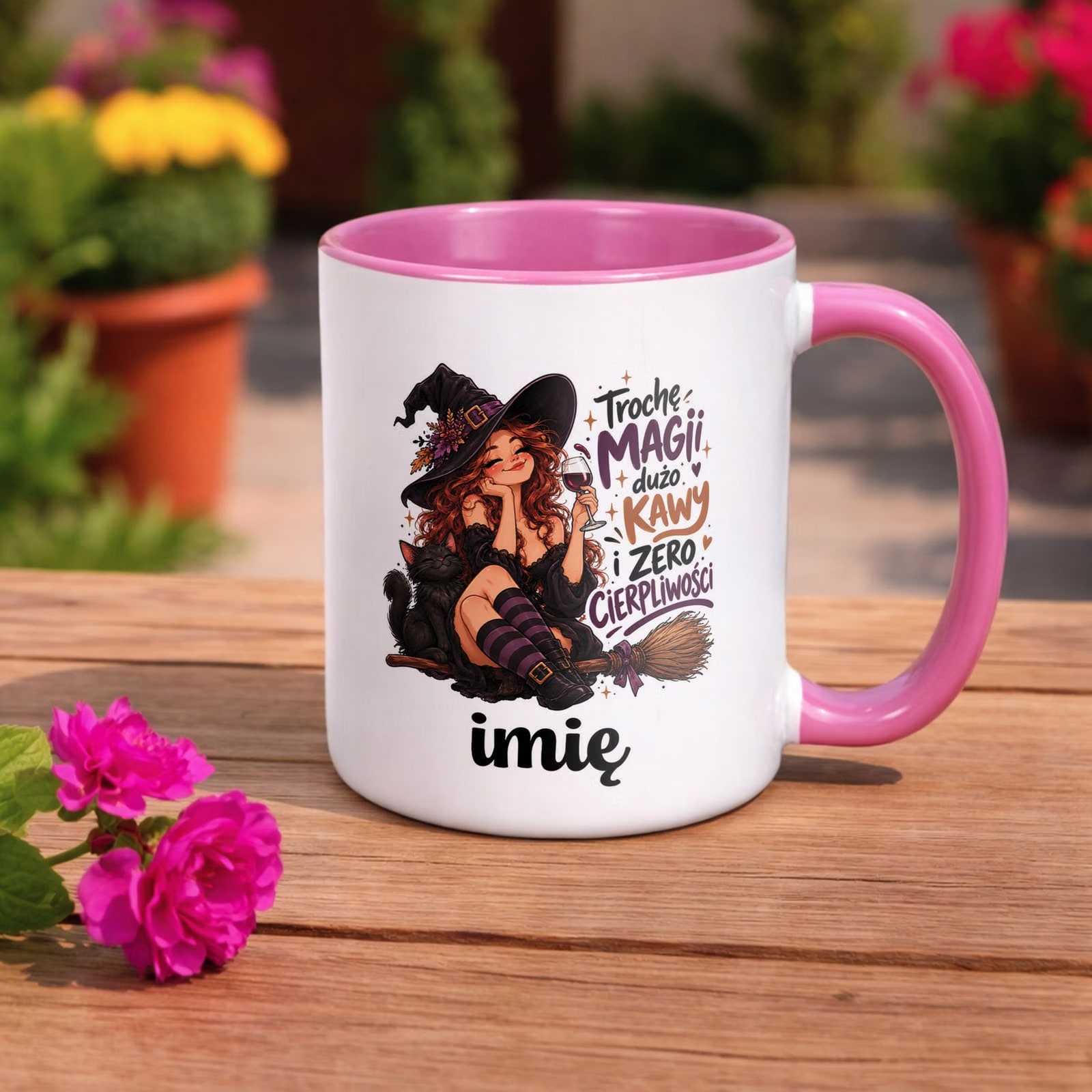Kubek Różowy Personalizowany z Nadrukiem Dla Kobiet Czarownica Wiedźma