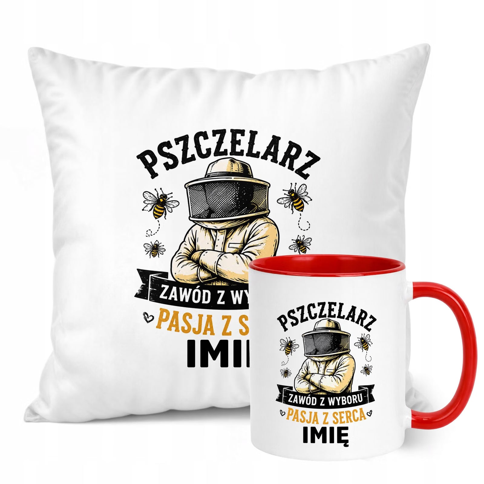 Zestaw Personalizowany Kubek Czerwony Poduszka Z Nadrukiem Dla Pszczelarza