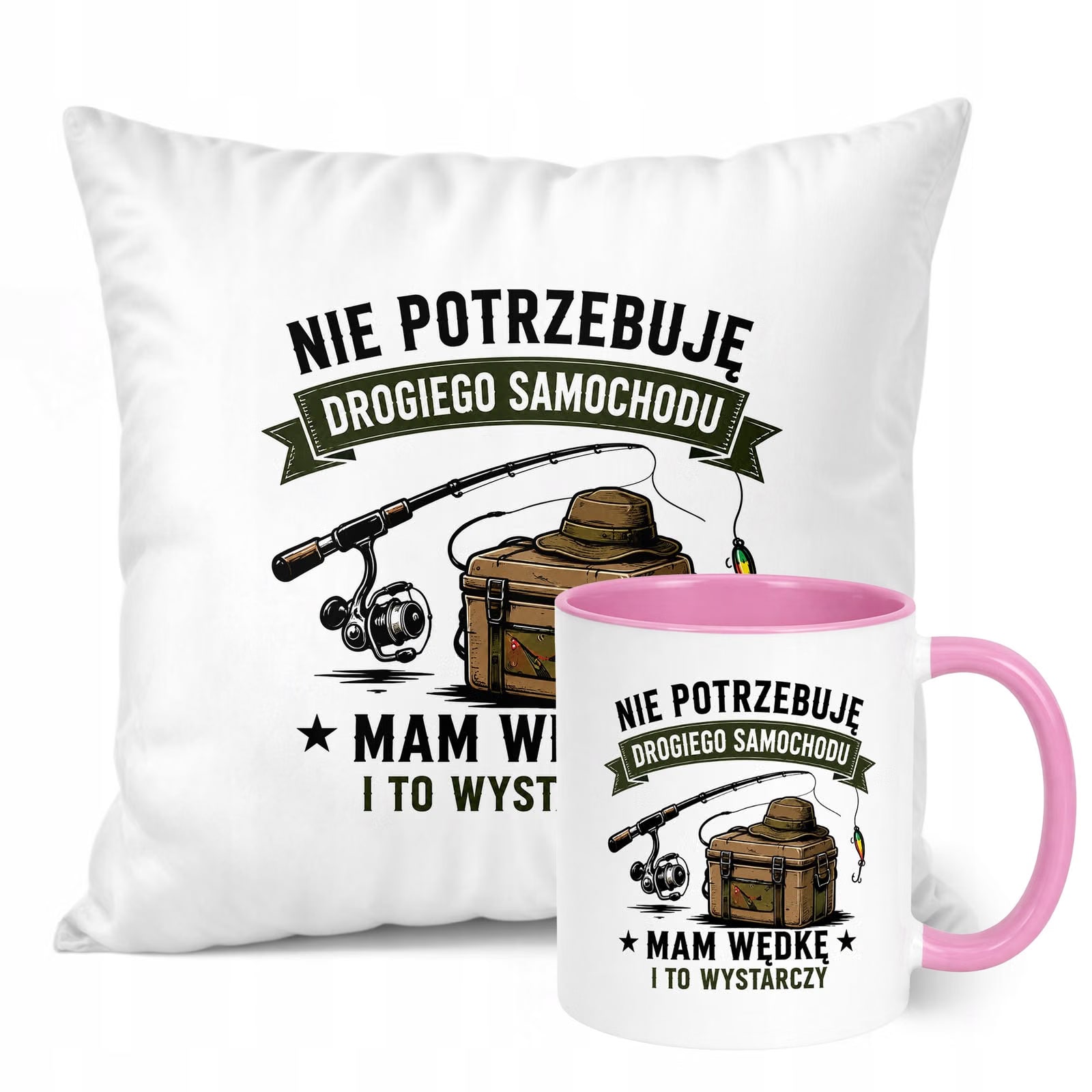 Zestaw Kubek Różowy Poduszka Z Nadrukiem Dla Wędkarza Prezent