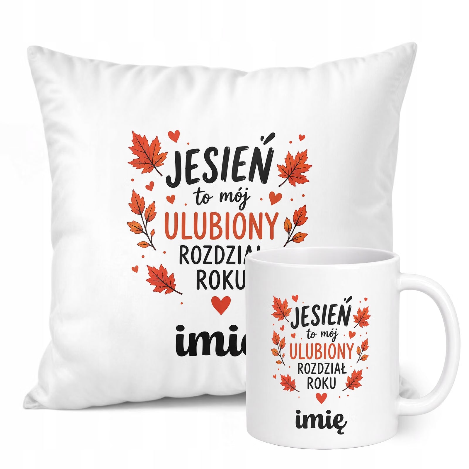 Zestaw Personalizowany Kubek Biały Poduszka Jesień Jesienny Z Nadrukiem