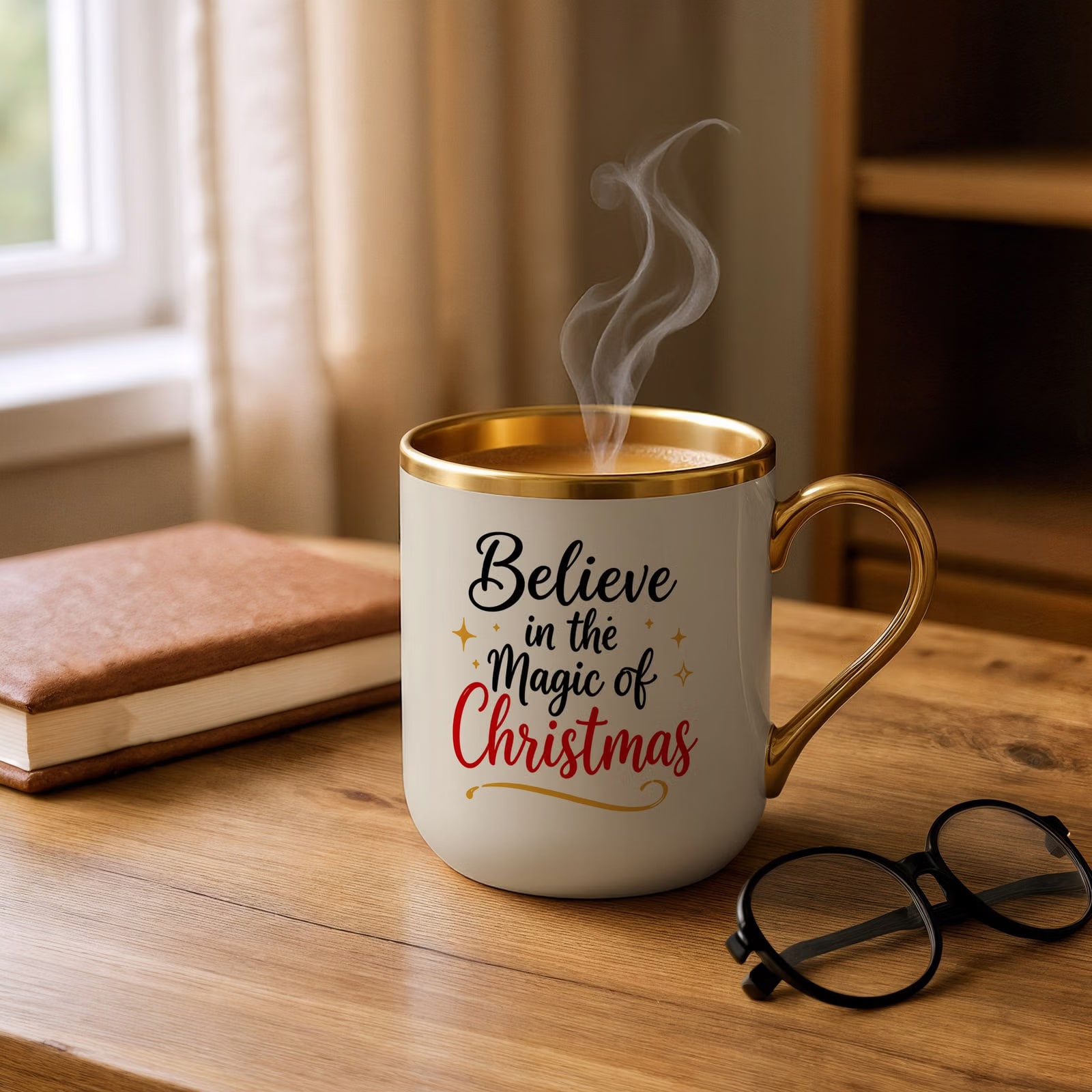 Kubek Premium Złoty Ecru Boże Narodzenie Mikołajki Magic Of Christmas