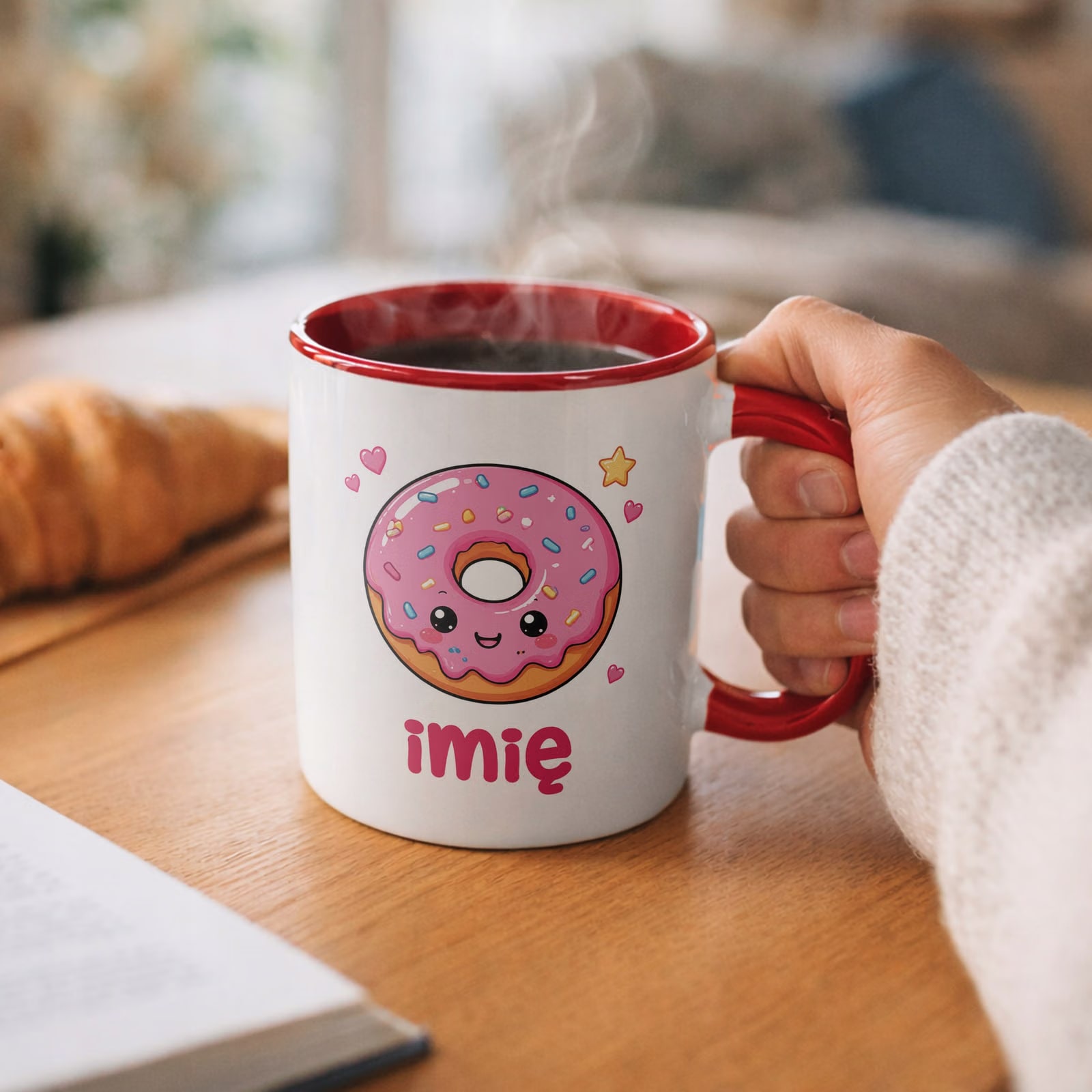 Kubek Czerwony z nadrukiem personalizowany Kawaii Pączek Dla Dzieci Prezent