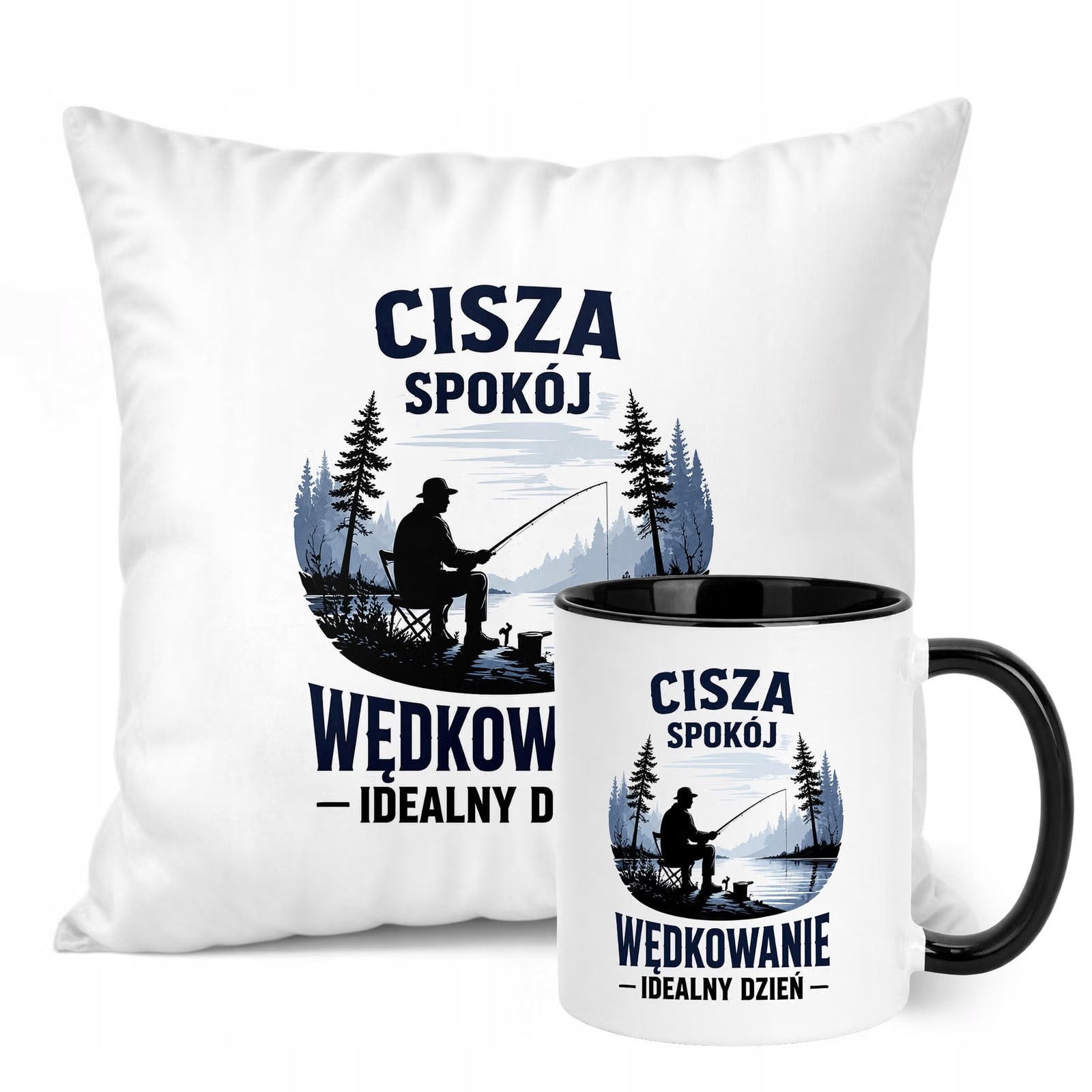 Zestaw Kubek Czarny Poduszka Z Nadrukiem Dla Wędkarza Prezent