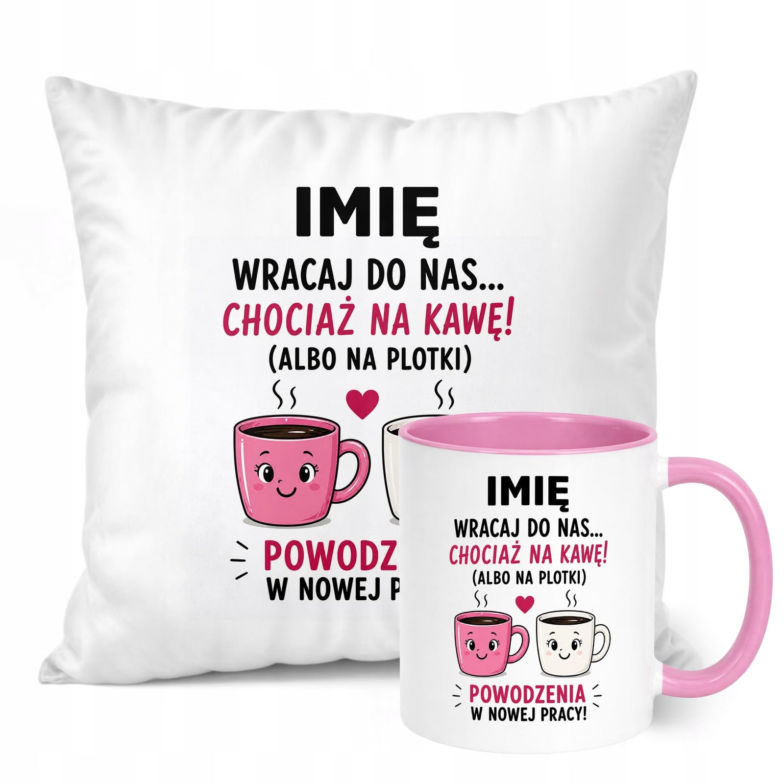Zestaw Personalizowany Kubek Różowy Poduszka Odejście z Pracy Prezent