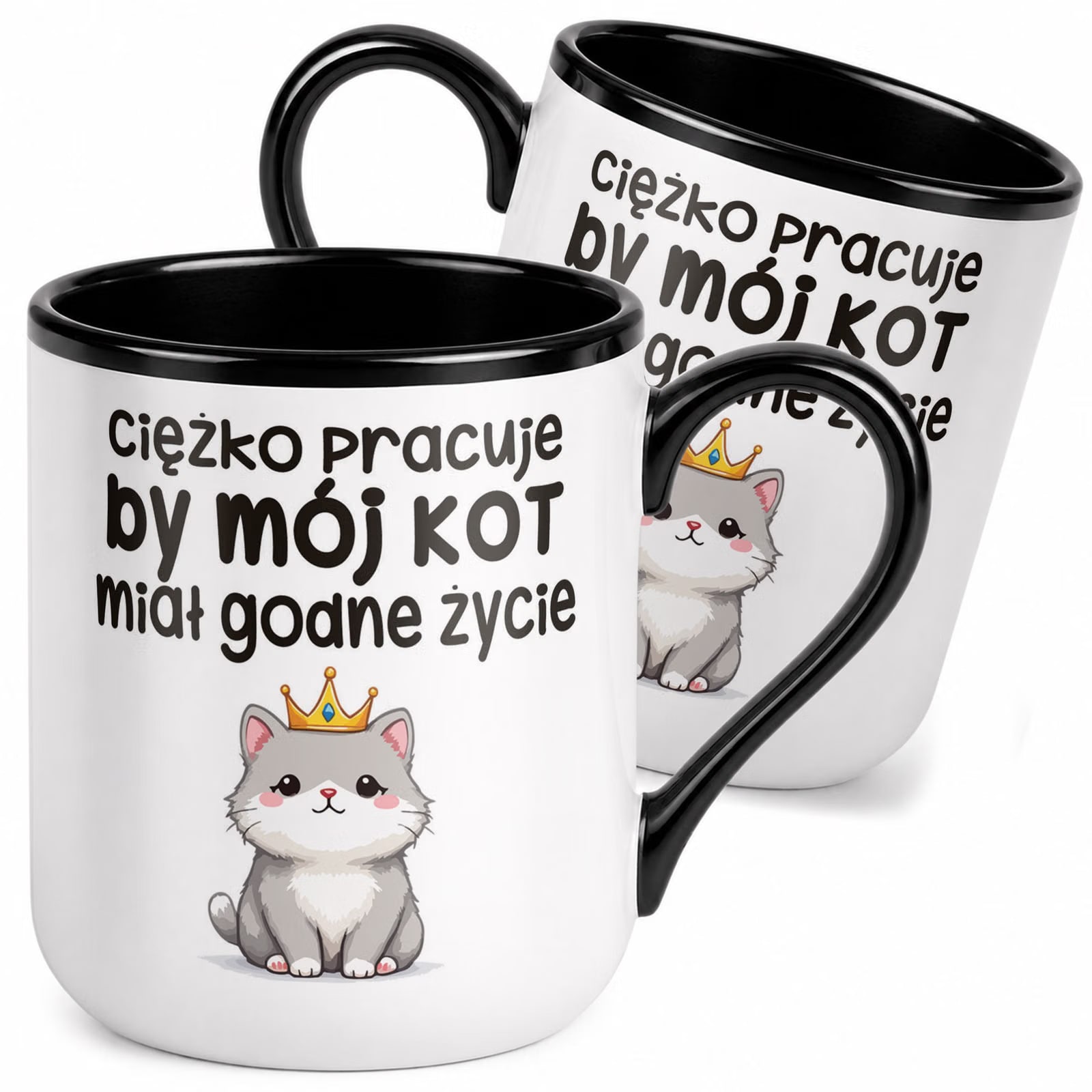 Kubek z nadrukiem Premium Czarny Ciężko Pracuję By Mój Kot Upominek Prezent