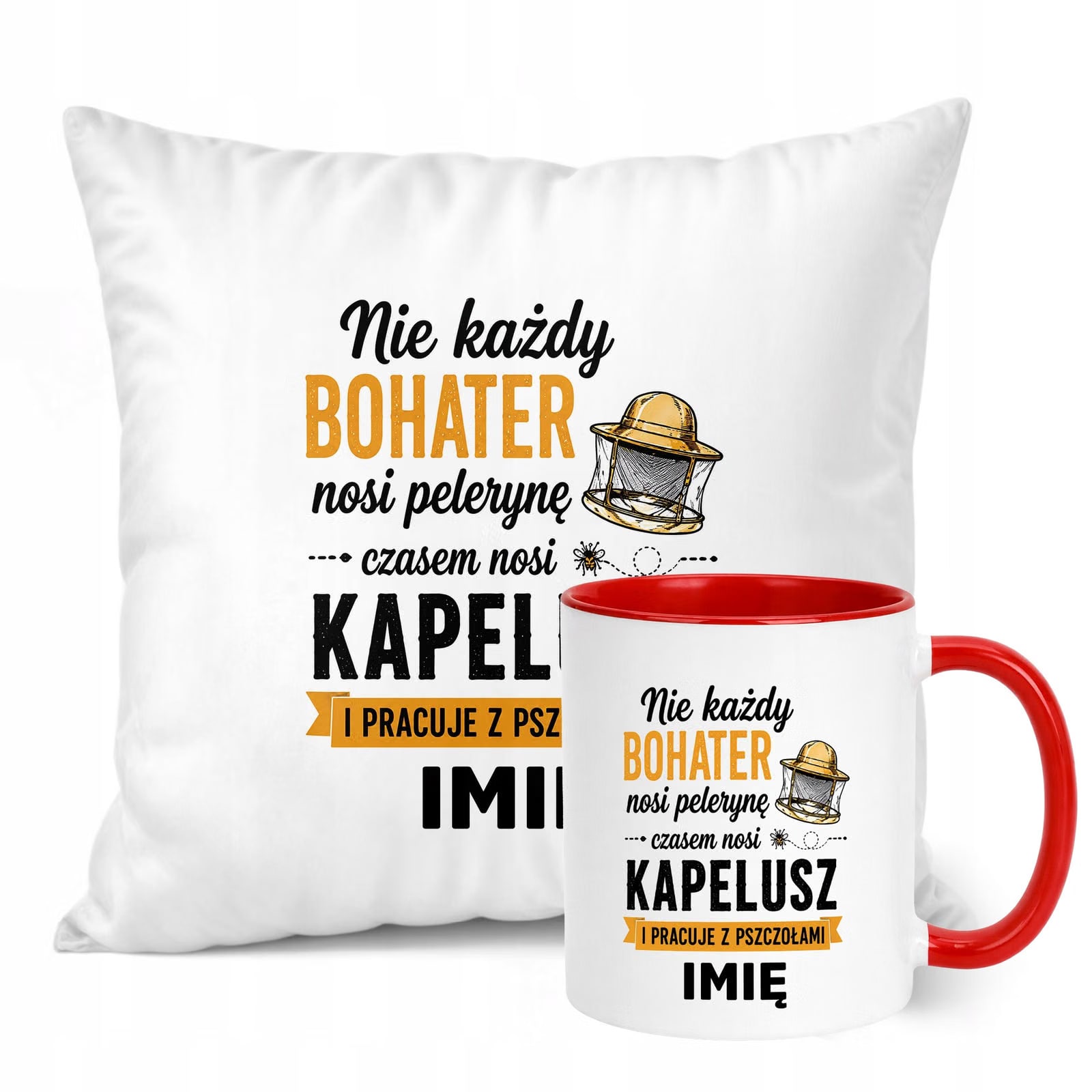 Zestaw Personalizowany Kubek Czerwony Poduszka Z Nadrukiem Dla Pszczelarza