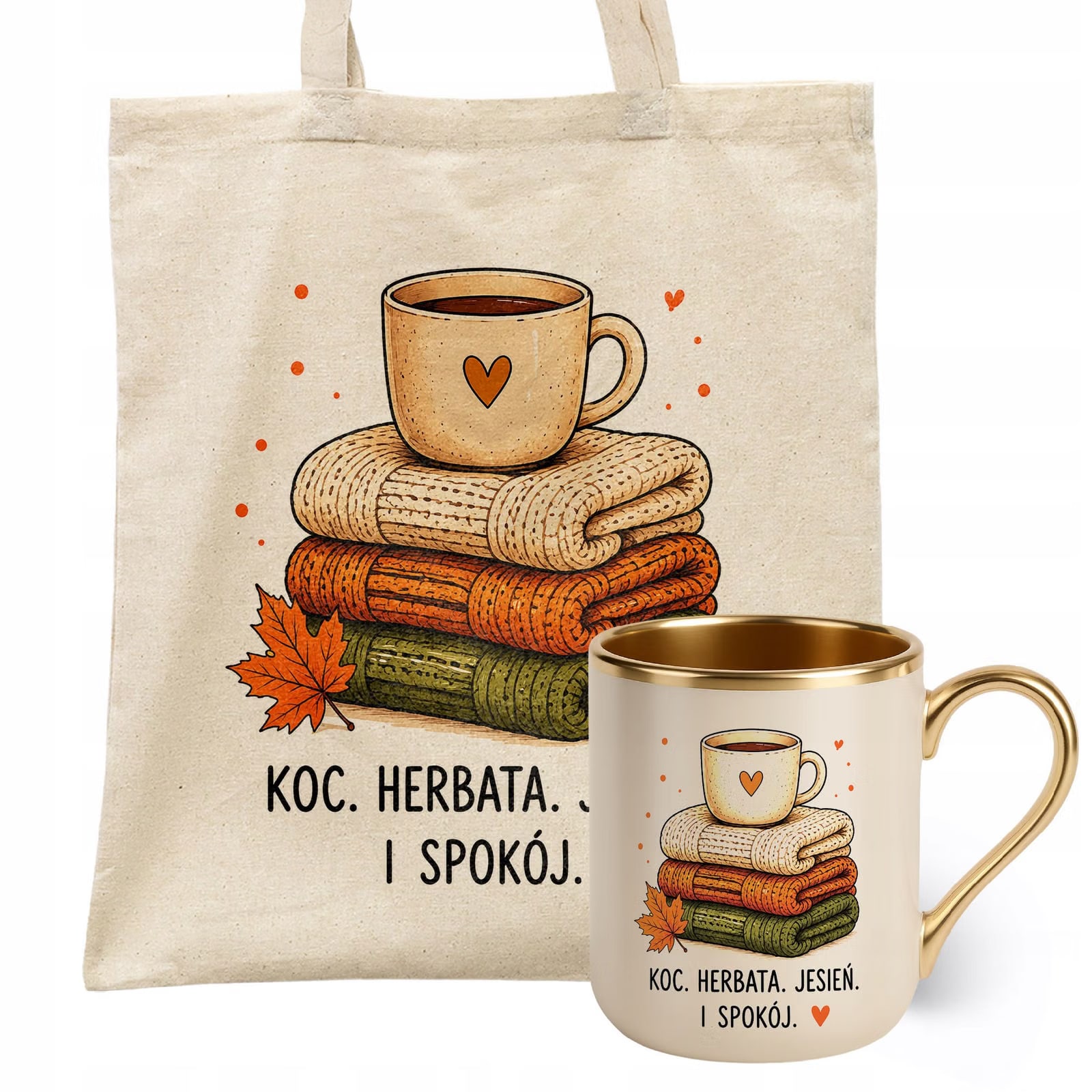 Zestaw Kubek Premium Złoty Ecru Torba Shopper Ecru Z Nadrukiem Jesień
