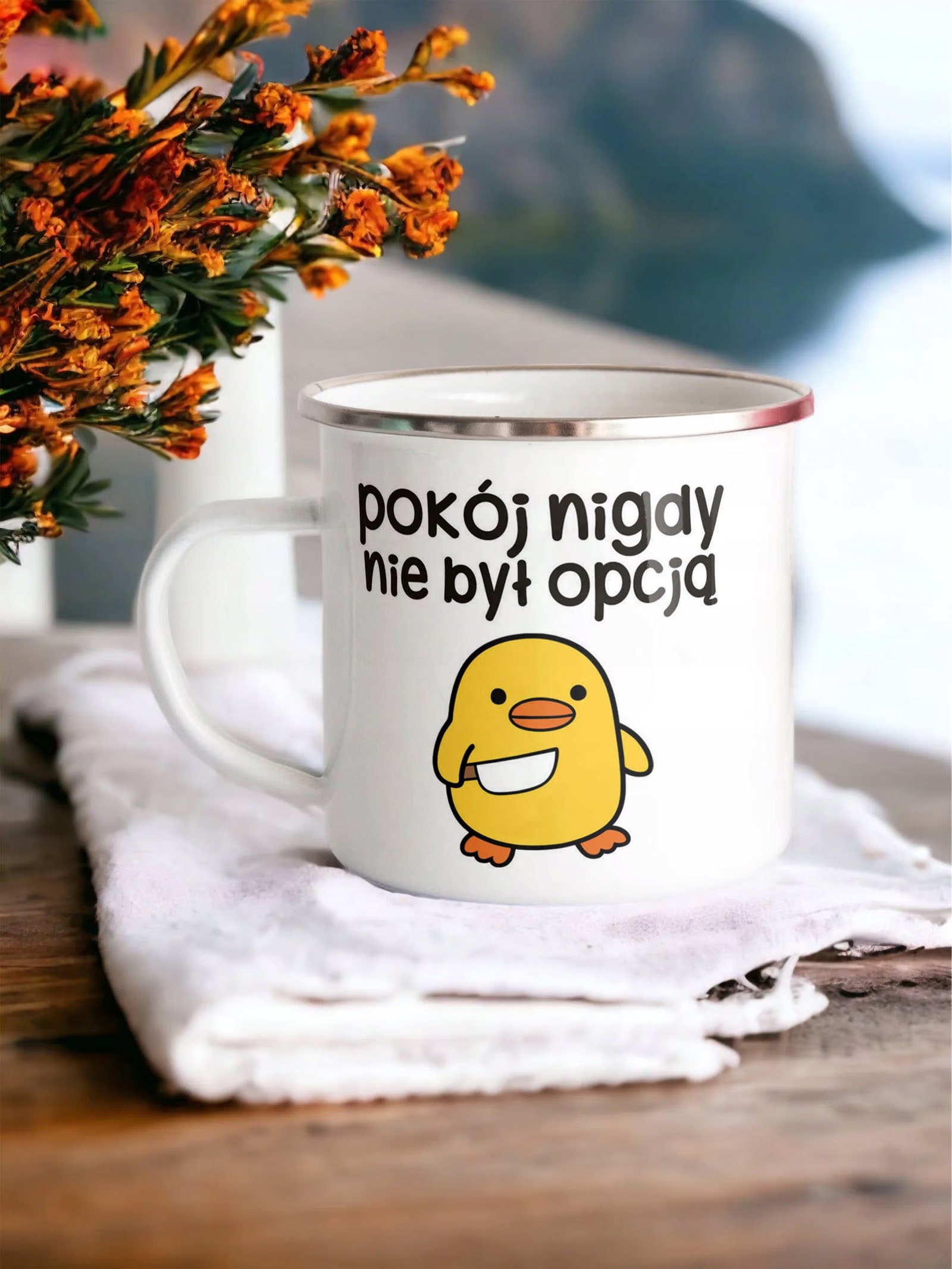 Kubek Emaliowany Pokój Nigdy Nie Był Opcją z Nadrukiem Biały Metalowy
