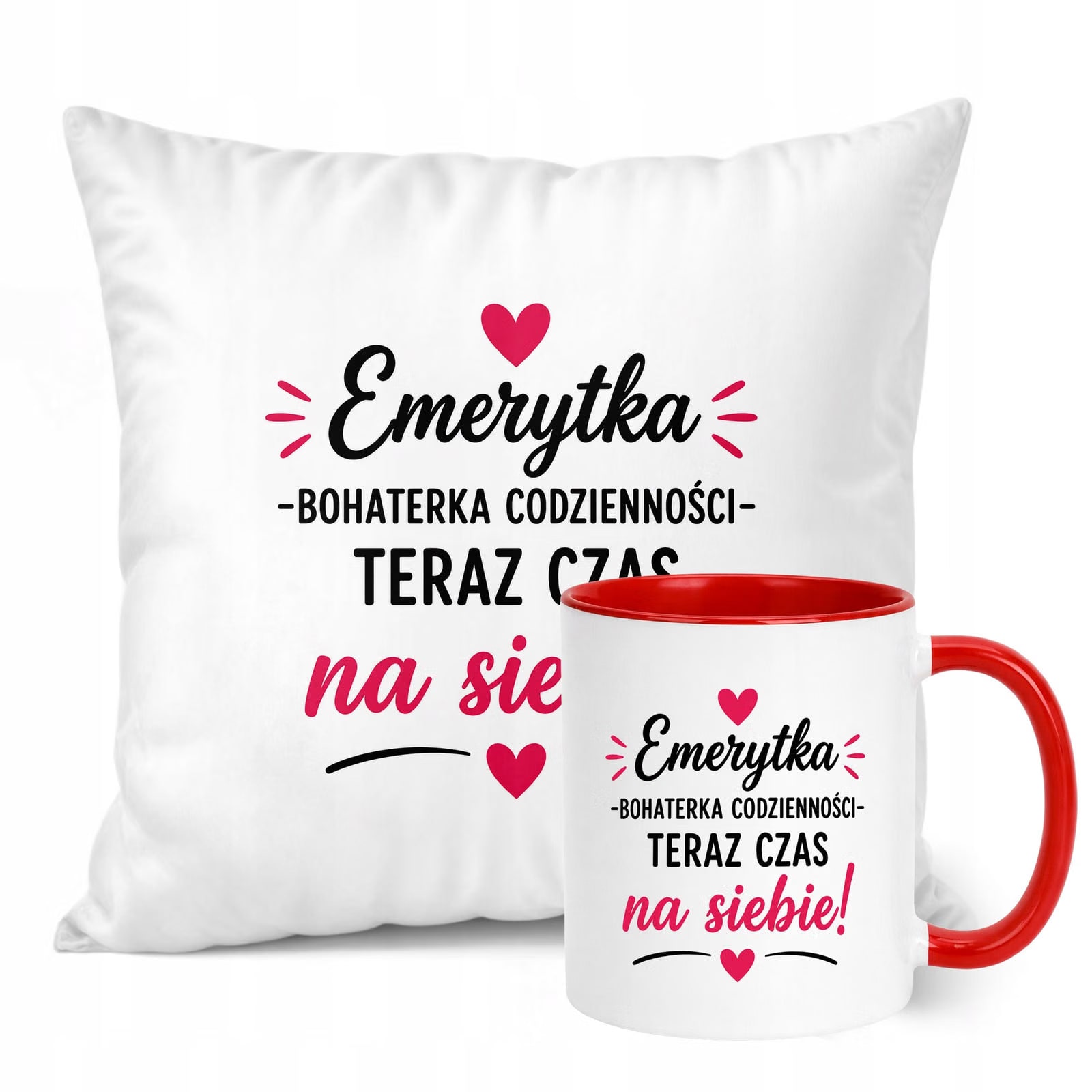 Zestaw Kubek Czerwony Poduszka Z Nadrukiem Emerytura Dla Emerytki Prezent