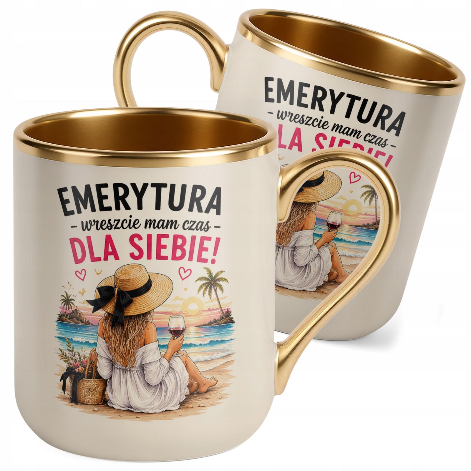 Kubek z nadrukiem Premium Złoty Ecru Emerytura Dla Emerytki Prezent