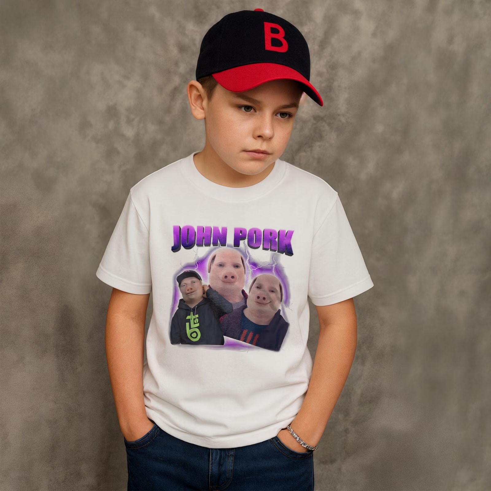 Koszulka biała dziecięca John Pork viral tiktok brainrot mem