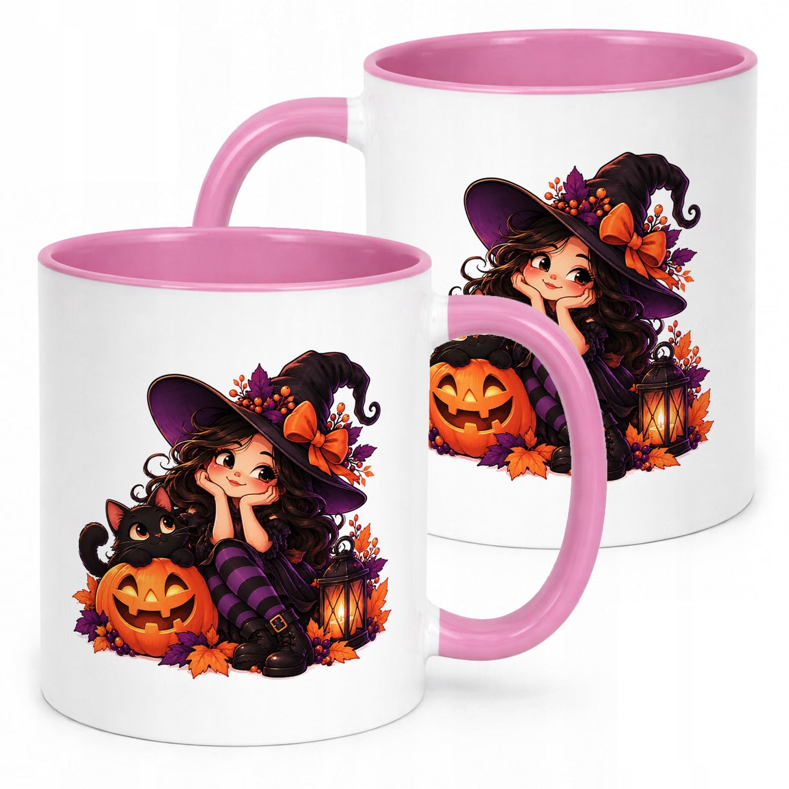 Kubek Różowy z Nadrukiem Halloween Jesień Czarownica Kot Prezent Upominek