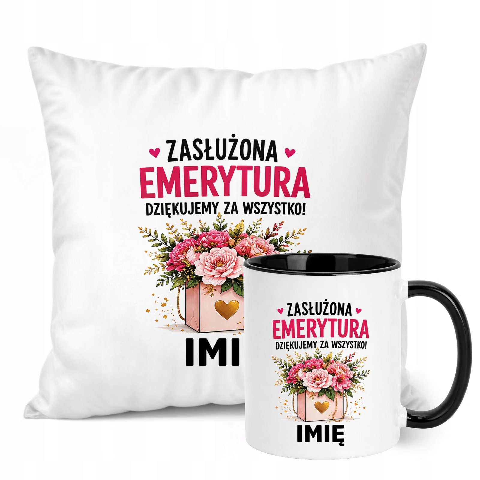 Zestaw Personalizowany Kubek Czarny Poduszka Emerytura Upominek Prezent