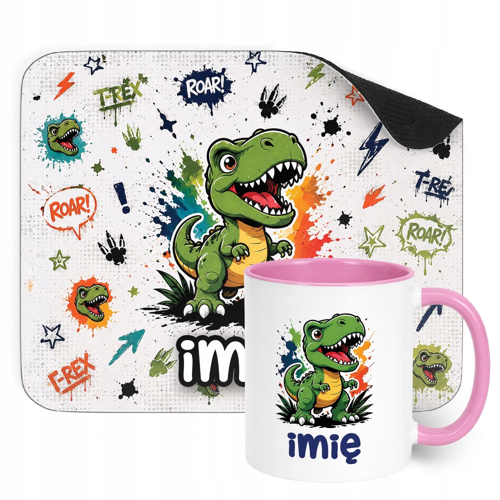 Zestaw personalizowany Kubek Różowy Podkładka pod mysz T-rex