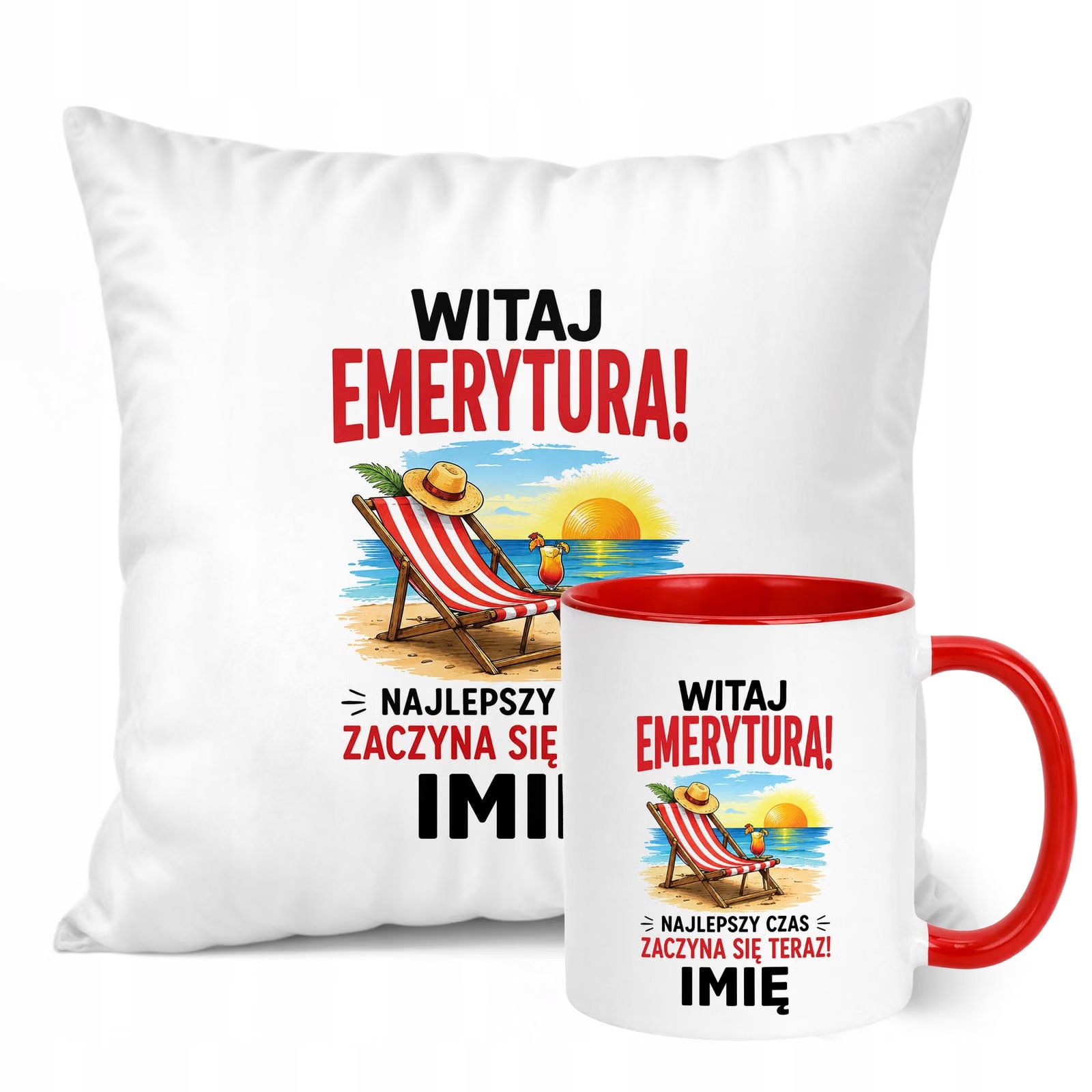 Zestaw Personalizowany Kubek Czerwony Poduszka Emerytura Upominek Prezent