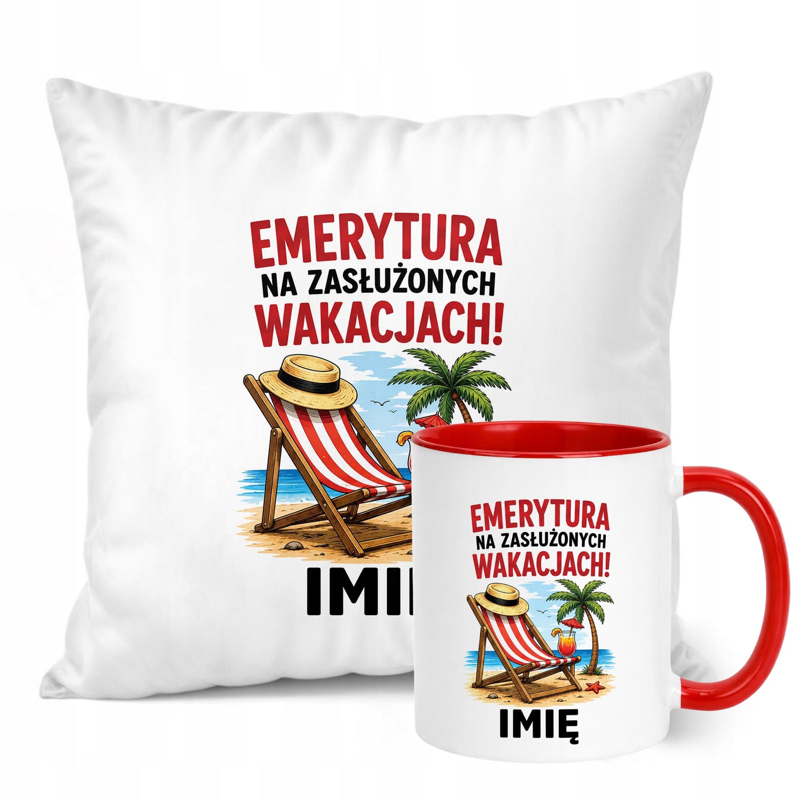 Zestaw Personalizowany Kubek Czerwony Poduszka Emerytura Upominek Prezent
