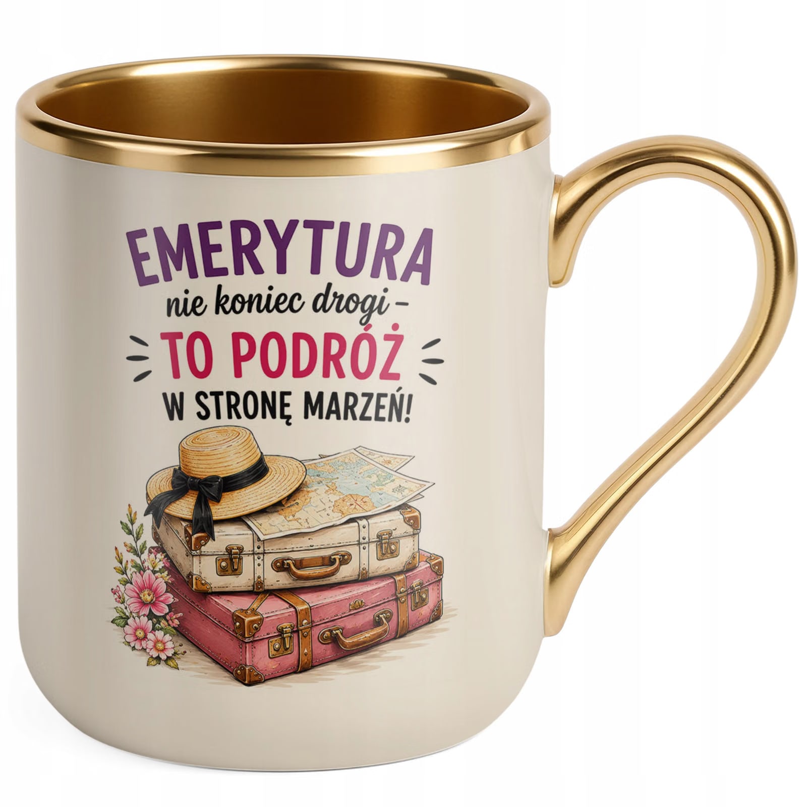 Kubek z nadrukiem Premium Złoty Ecru Emerytura Dla Emerytki Prezent