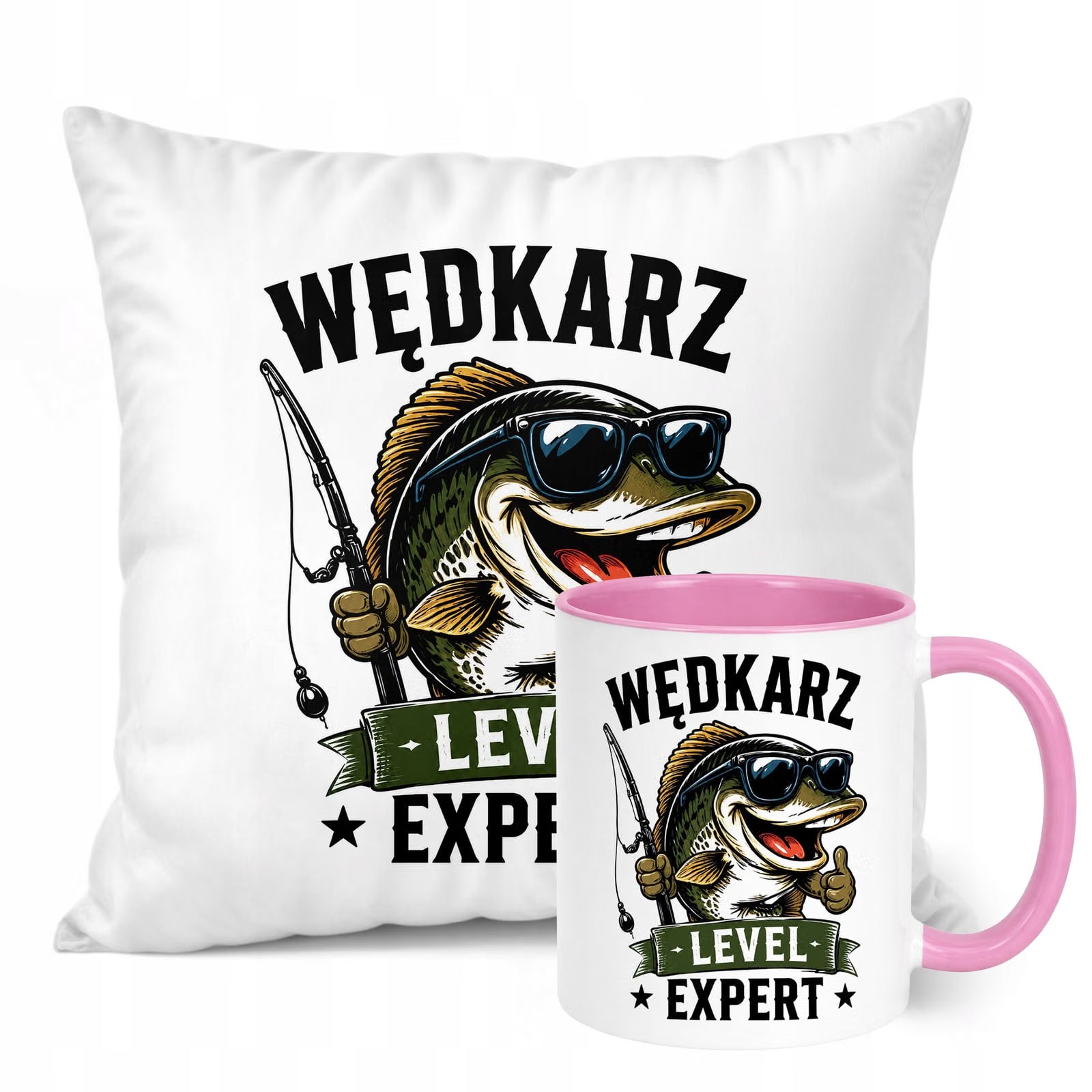 Zestaw Kubek Różowy Poduszka Z Nadrukiem Dla Wędkarza Prezent
