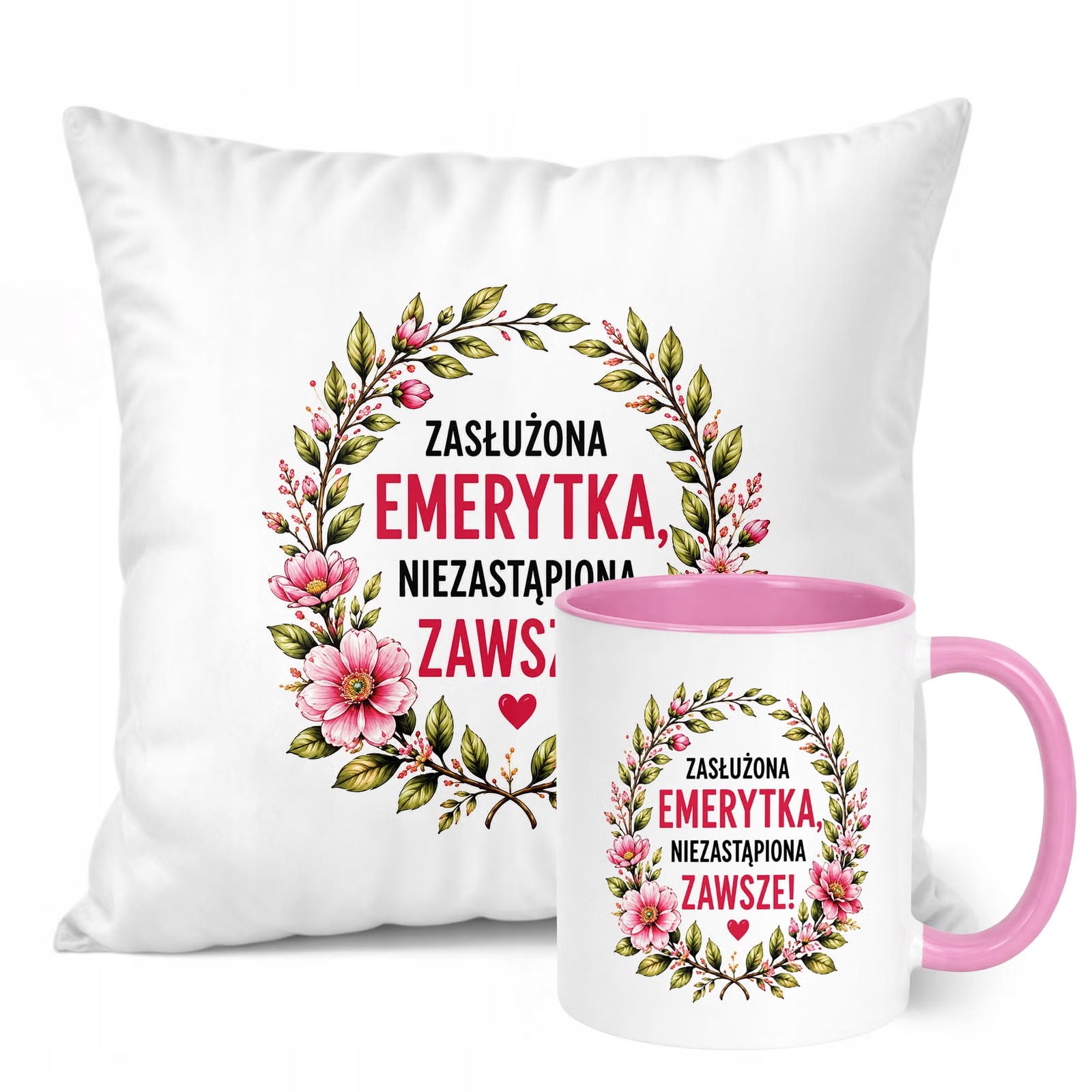 Zestaw Kubek Różowy Poduszka Z Nadrukiem Emerytura Dla Emerytki Prezent