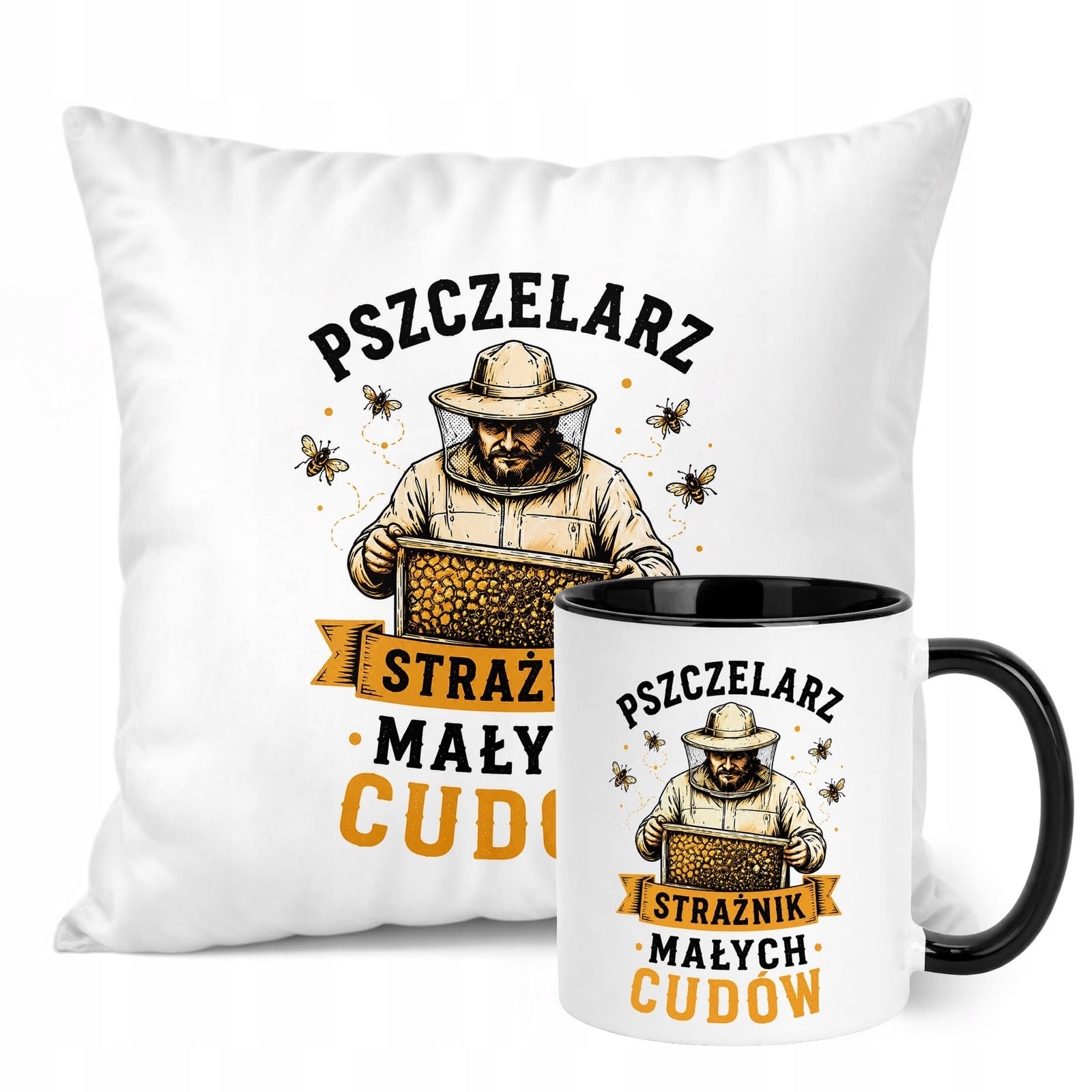 Zestaw Kubek Czarny Poduszka Z Nadrukiem Dla Pszczelarza Prezent