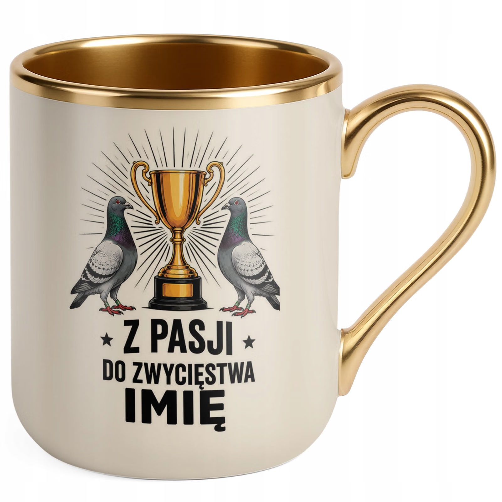 Kubek Personalizowany z nadrukiem Premium Złoty Ecru Dla Gołębiarza Prezent
