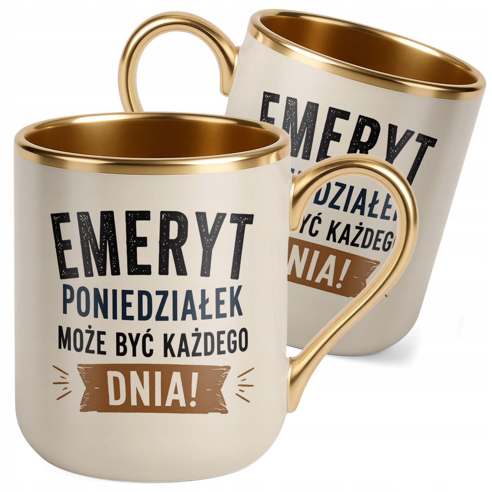 Kubek z nadrukiem Premium Złoty Ecru Emerytura Dla Emeryta Upominek Prezent