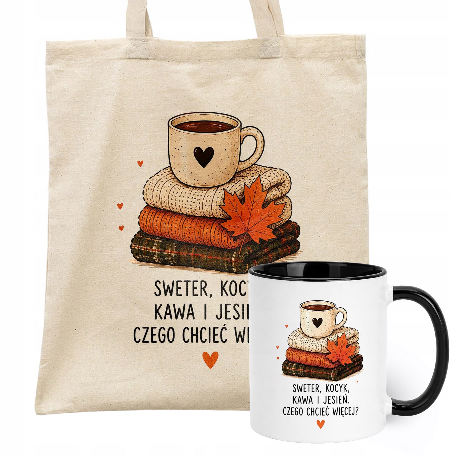 Zestaw Kubek Czarny Torba Shopper Ecru Z Nadrukiem Jesień Jesienny