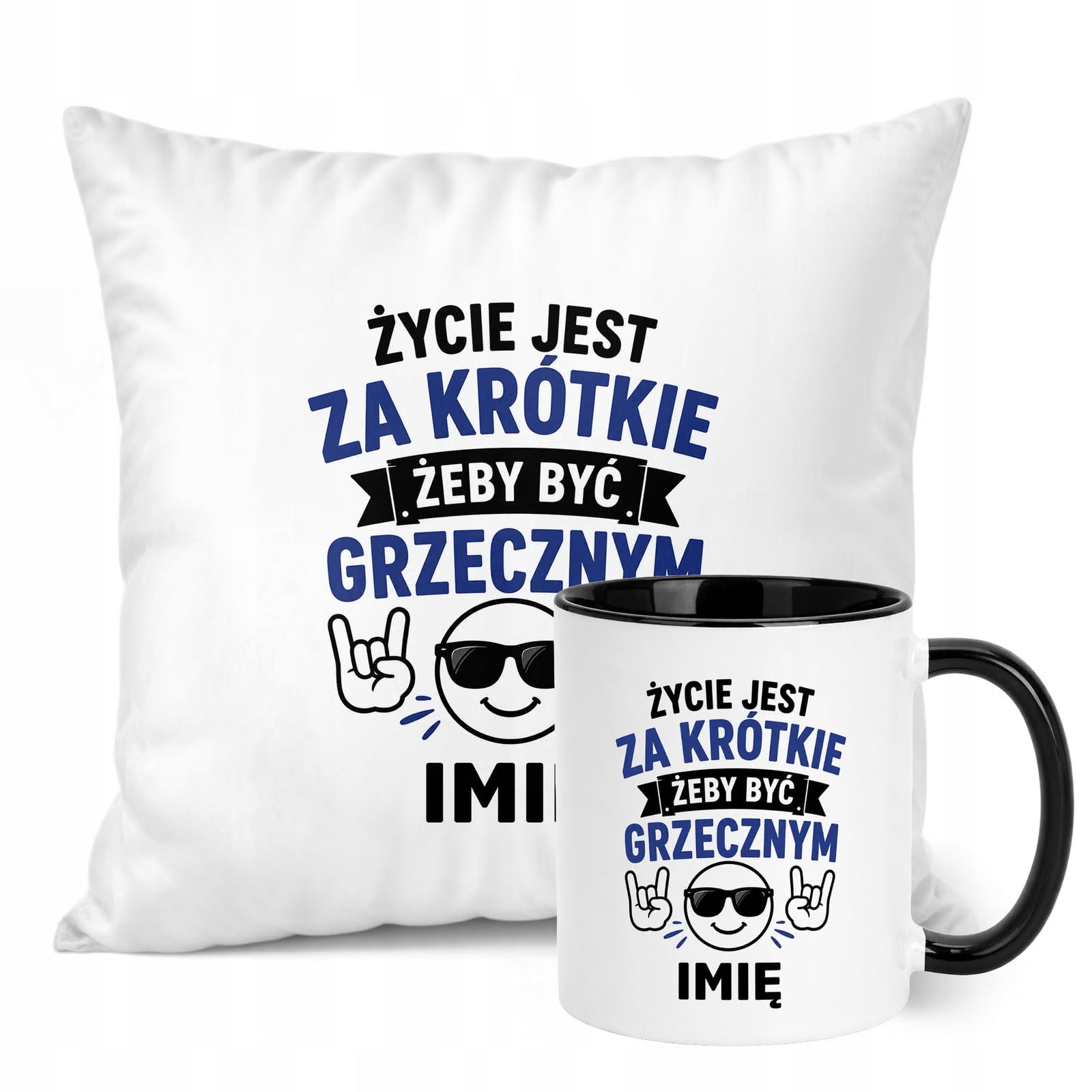 Zestaw Personalizowany Kubek Czarny Poduszka Dzień Chłopaka Z Nadrukiem