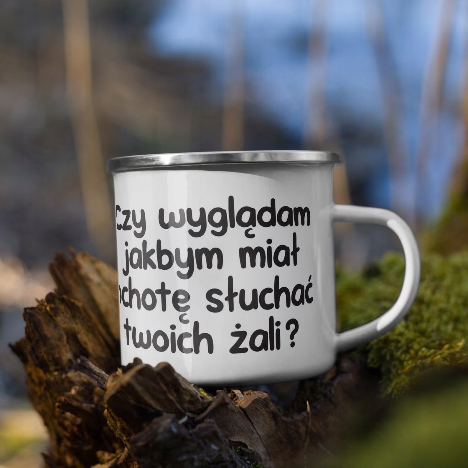 Kubek Emaliowany Czy Wyglądam Jakbym Miał Ochotę z Nadrukiem Biały Metalowy