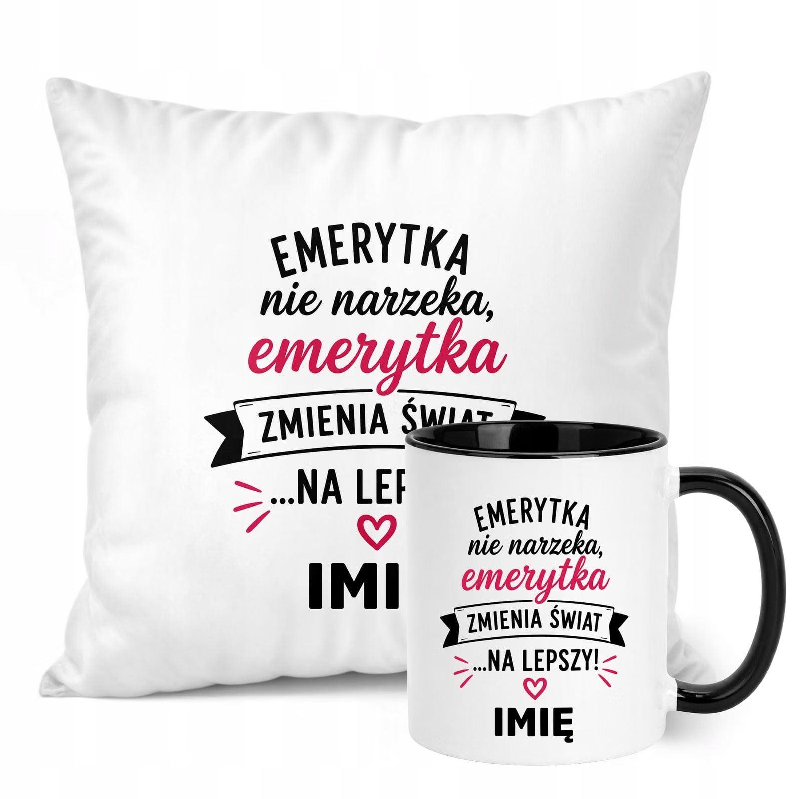 Zestaw Personalizowany Kubek Czarny Poduszka Emerytura Upominek Prezent