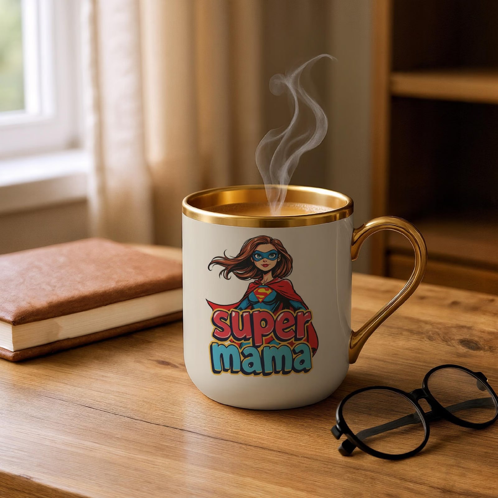 Kubek Premium Złoty Ecru Dzień Matki Dla Mamy Prezent Upominek Super Mama