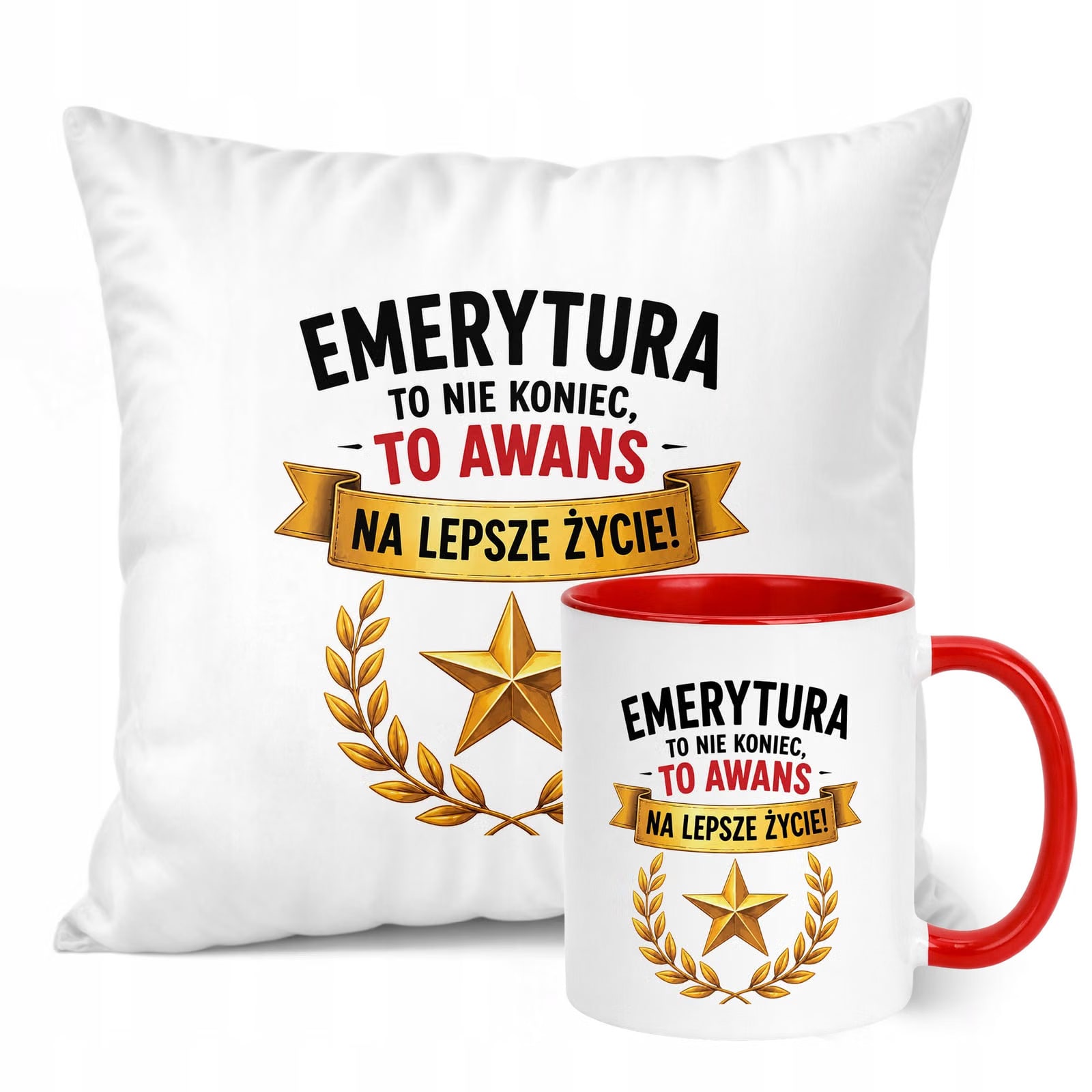 Zestaw Kubek Czerwony Poduszka Z Nadrukiem Emerytura Prezent