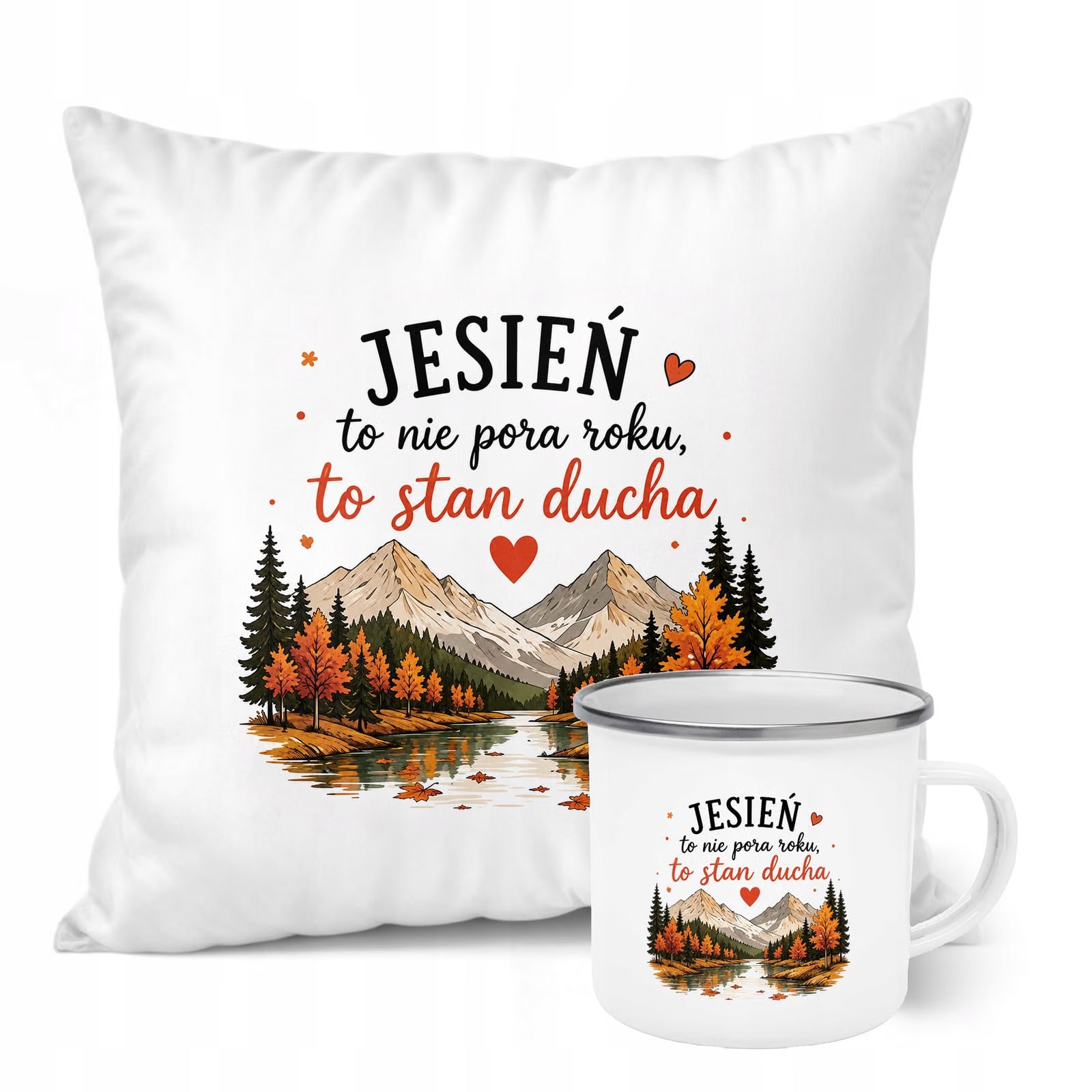 Zestaw Kubek Emaliowany Poduszka Jesień Jesienny Z Nadrukiem
