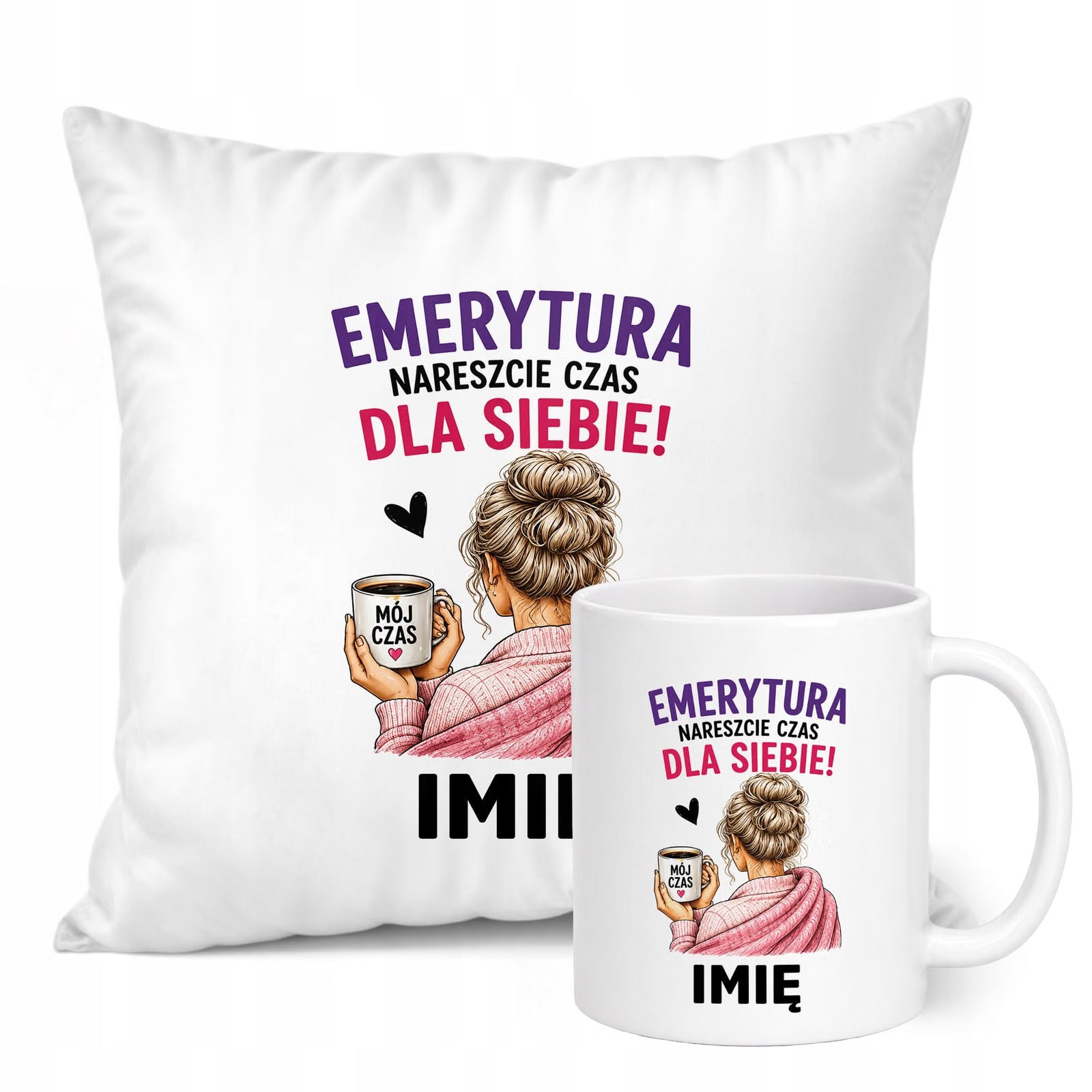 Zestaw Personalizowany Kubek Biały Poduszka Emerytura Dla Emerytki Prezent