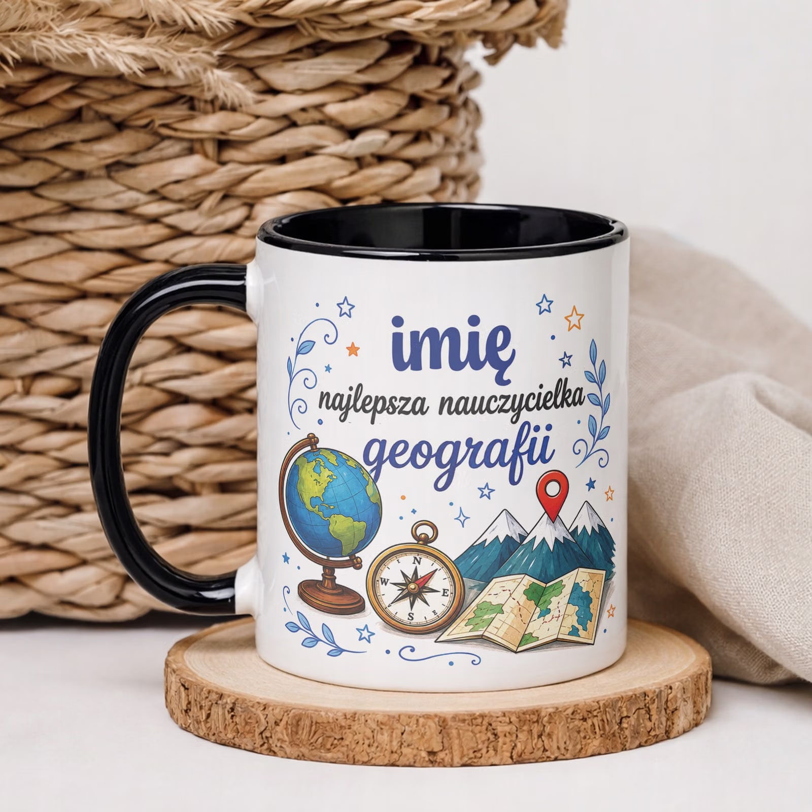 Kubek Czarny z Imieniem Dzień Nauczyciela Geografia Prezent